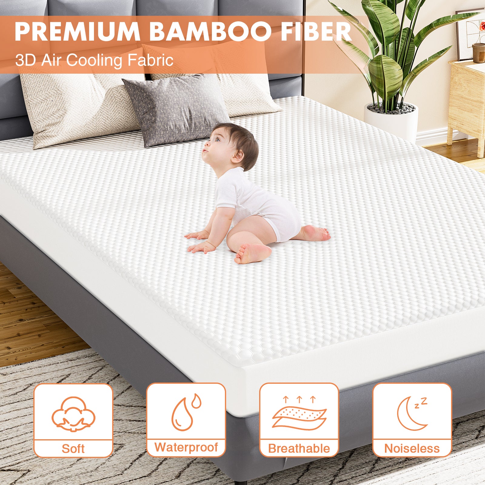 Mattress protector, waterproof mattress cover, soft, breathable, no noise, deep pockets, machine washable, white