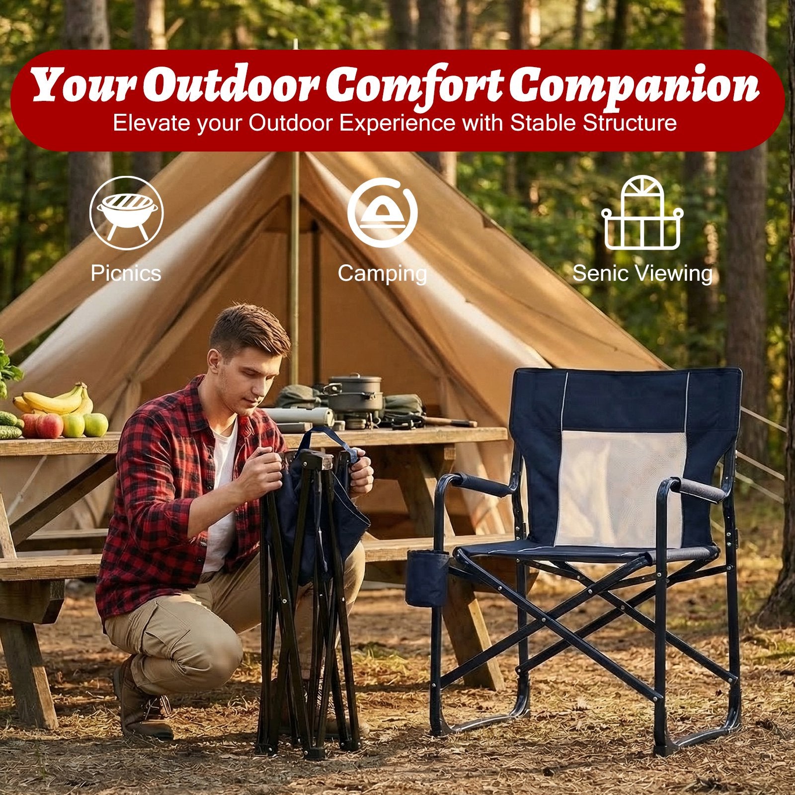 EDX Folding Camping Chair, Padded High Back, Adjustable Lumbar Support, Extra Wide for Adults, 500 lbs Steel Frame, Portable Outdoor