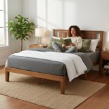 edx Mid Century Solid Wood Platform Bed with Headboard, Bed Frame with Wood Slat Support, No Box Spring Needed, Walnut Finish