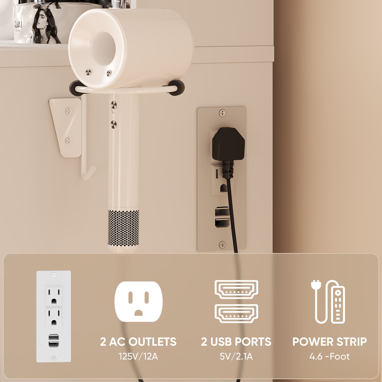 EDX Vanity Desk with Mirror and Lights, Makeup Vanity Table with Hair Dryer & Power Outlet, 2-Drawer Dressing Table for Bedroom,White