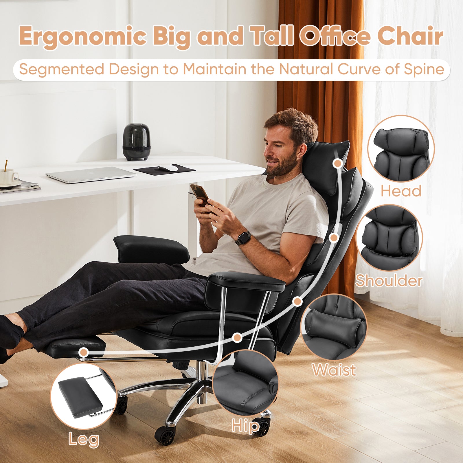 Executive Ergonomic Home Office Chair with Footrest & Lumbar Support, Big Tall High Back, PU Leather, Adjustable & Swivel