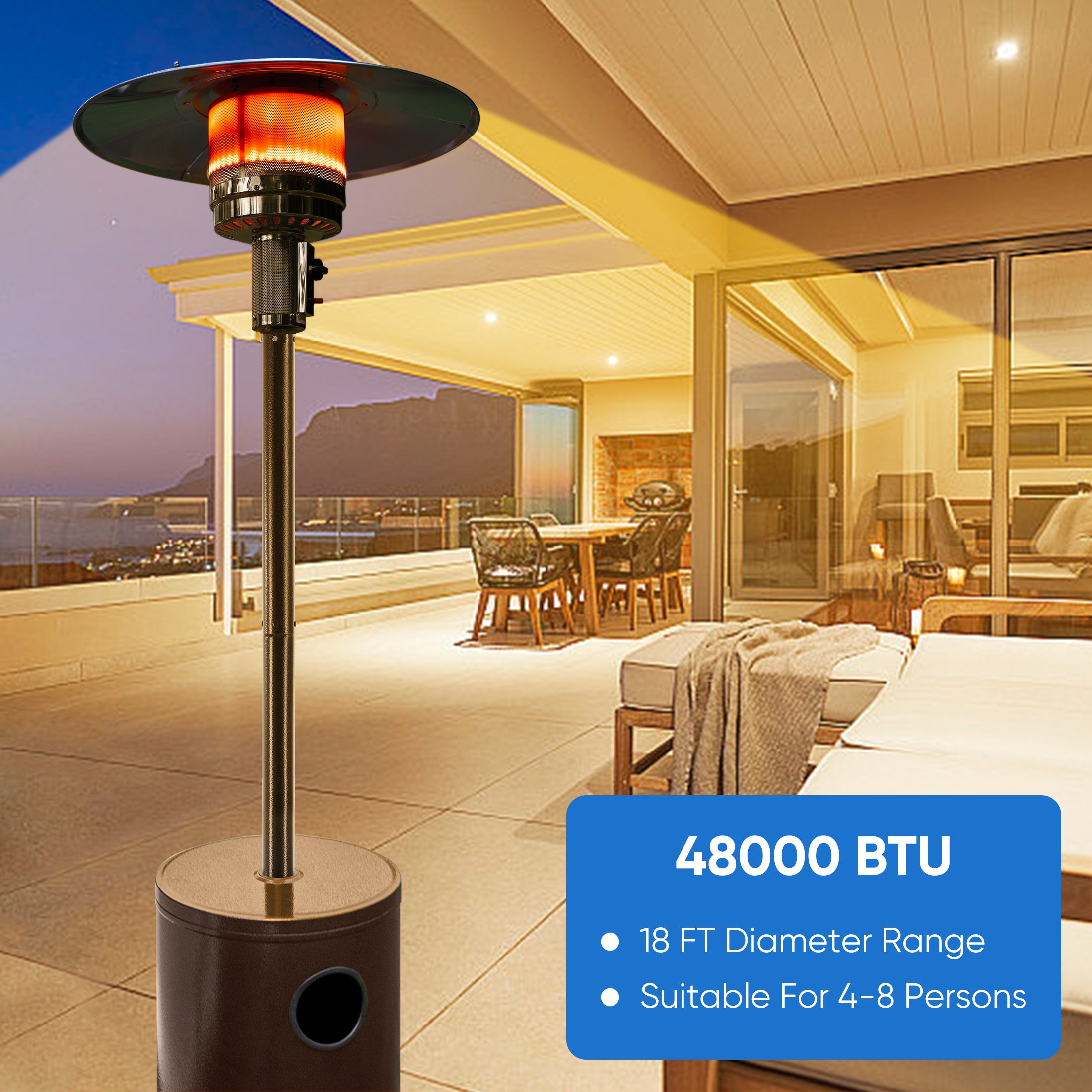 EDX 48,000 BTU Propane Patio Heater, Comes with Double Heating Grid and weight-adjustable water tank，Stable Base  for Home, Outdoor, Brown