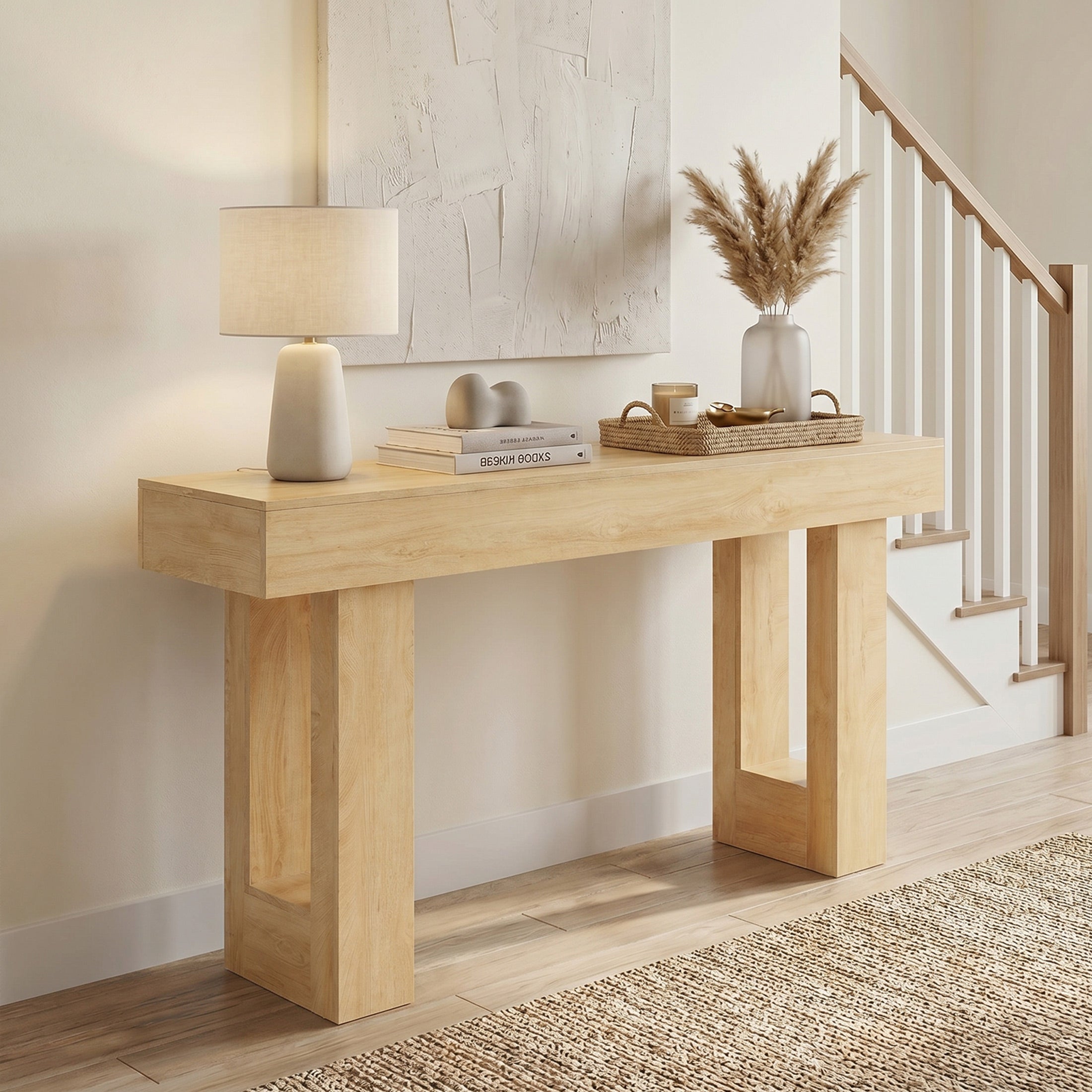 EDX 63 inch Solid Wood Farmhouse Console - Rectangular Sofa Back Design, Multi-Purpose Storage for Entryway Hallway Living Room
