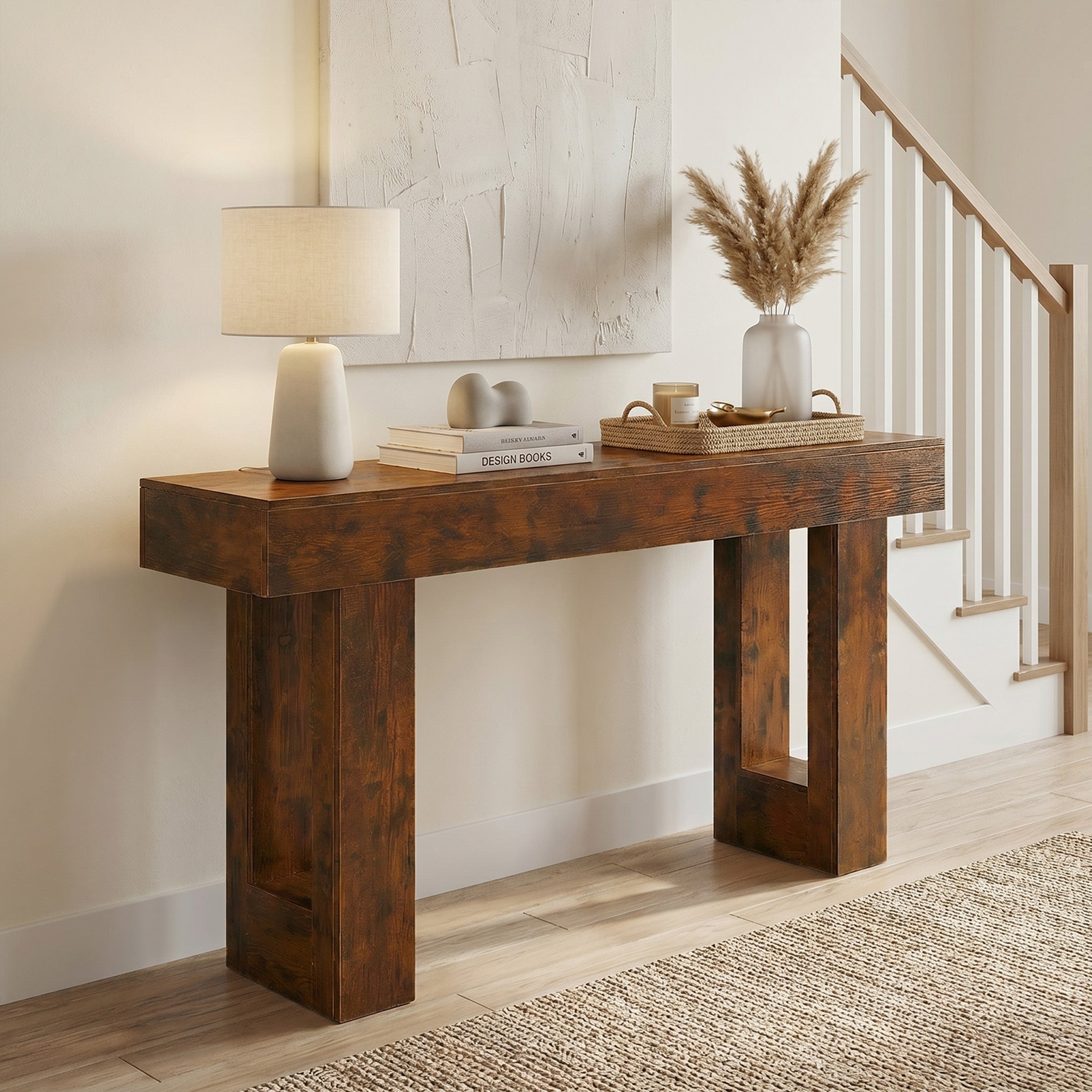 EDX 63 inch Solid Wood Farmhouse Console - Rectangular Sofa Back Design, Multi-Purpose Storage for Entryway Hallway Living Room