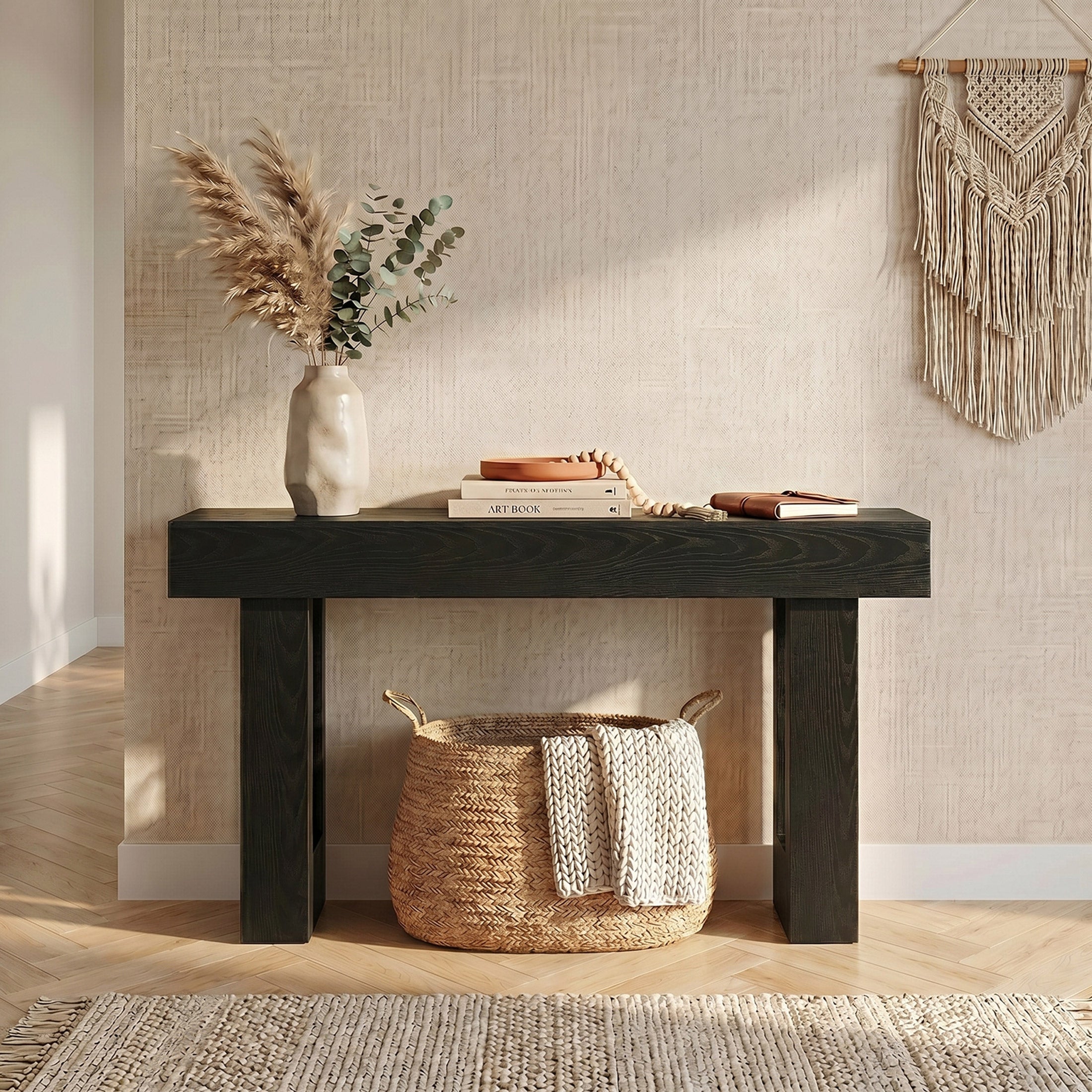 EDX 63 inch Solid Wood Farmhouse Console - Rectangular Sofa Back Design, Multi-Purpose Storage for Entryway Hallway Living Room