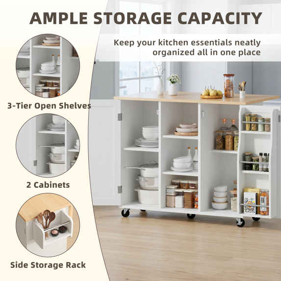 edx Kitchen Islands Carts with Storage Cabinets, Drop Leaf Countertop on Wheels Rolling