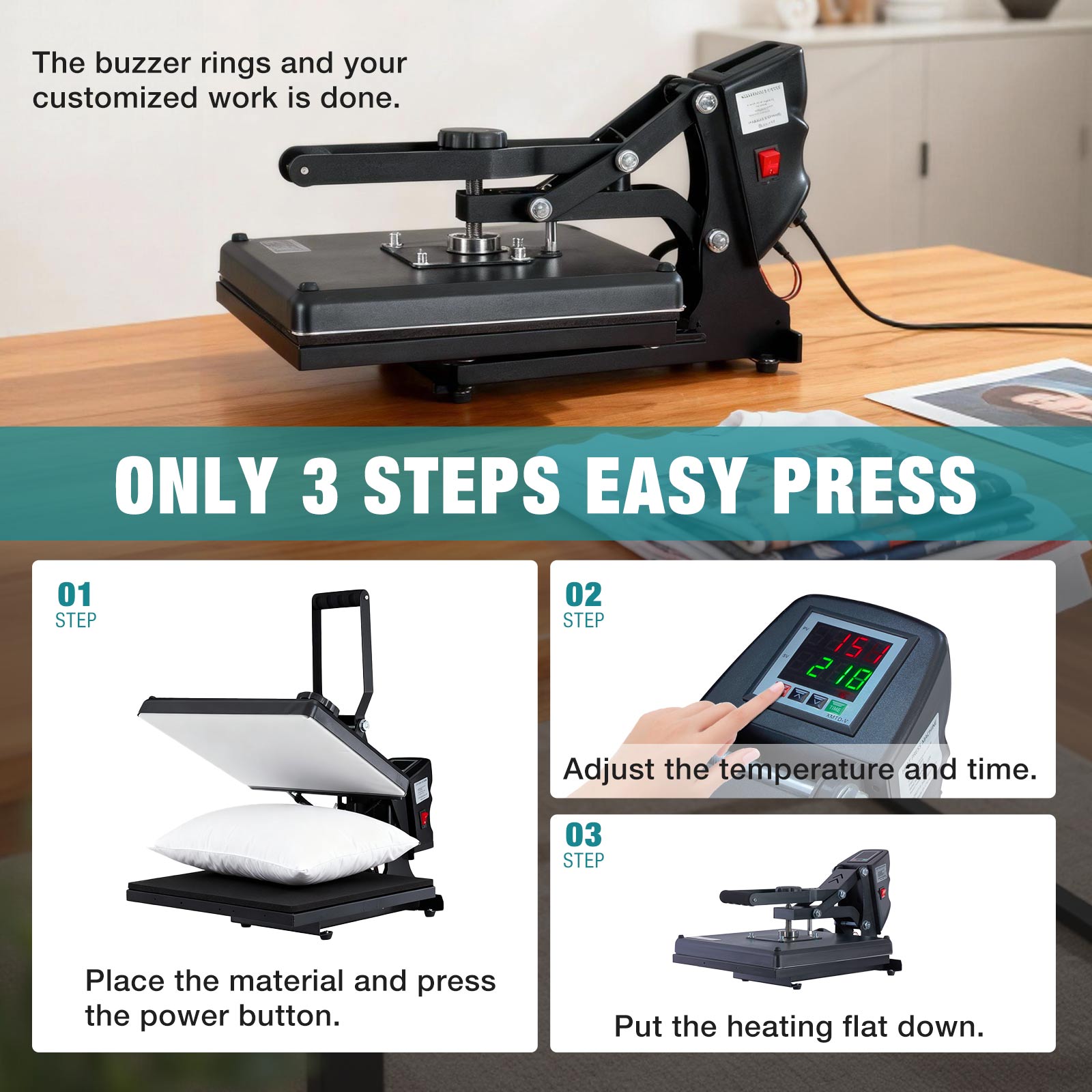 edx Heat Transfer Press, 1200W Power, 15x15-inch T-shirt Heat Transfer Equipment, Featuring LCD Display and Memory Mode