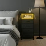 edx 5 Fabric Drawers Nightstand with Charging Station & USB/Type-C Ports and Outlets, Variable Light Strip Bedside End Table with Adjustable Feet for Bedroom, Black