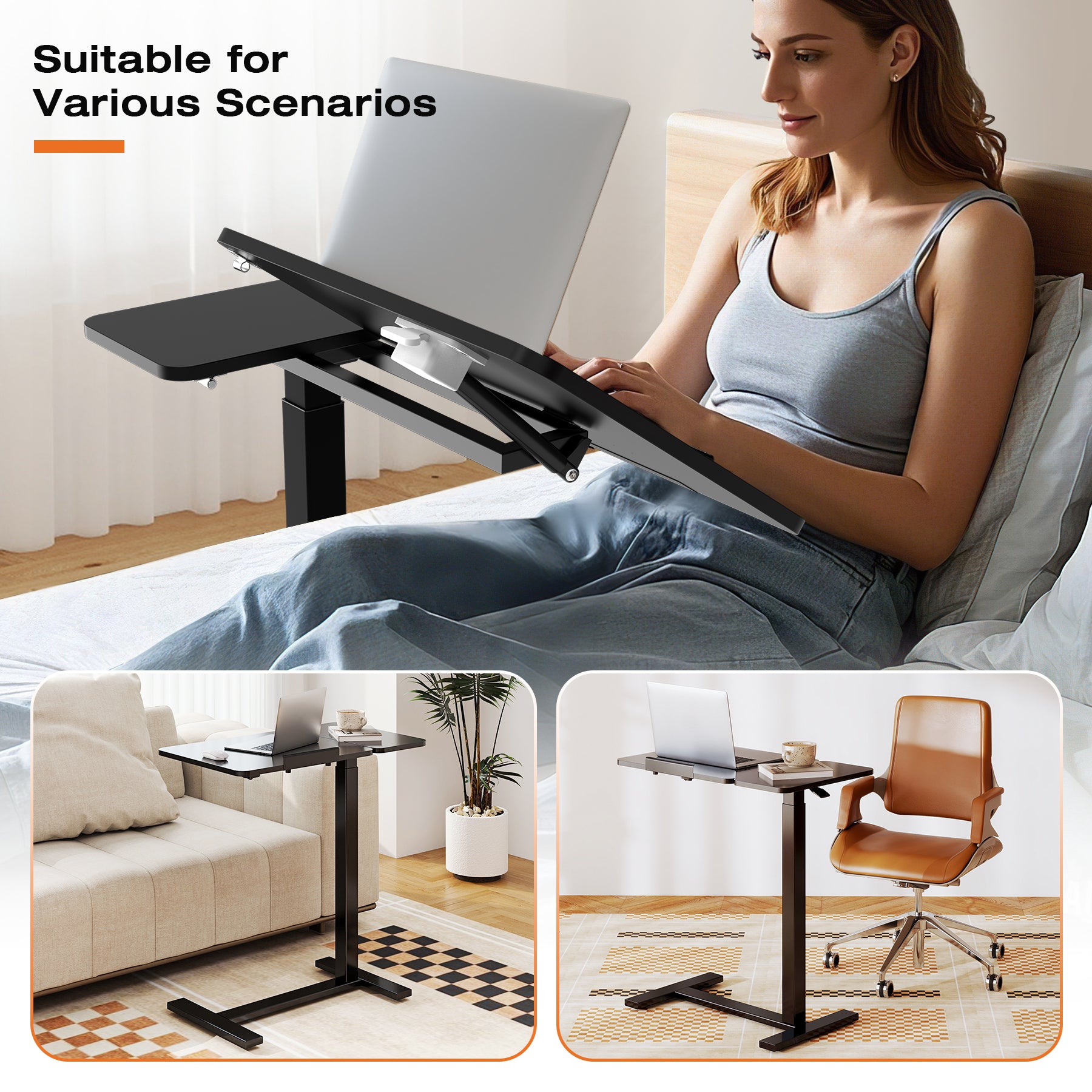 ZUNMOS Overbed Bedside Lap Desk with Wheels and Tilt Top, Mobile Standing Lap Desk Pneumatic Adjustable Height for Home Office Bedroom Sofa
