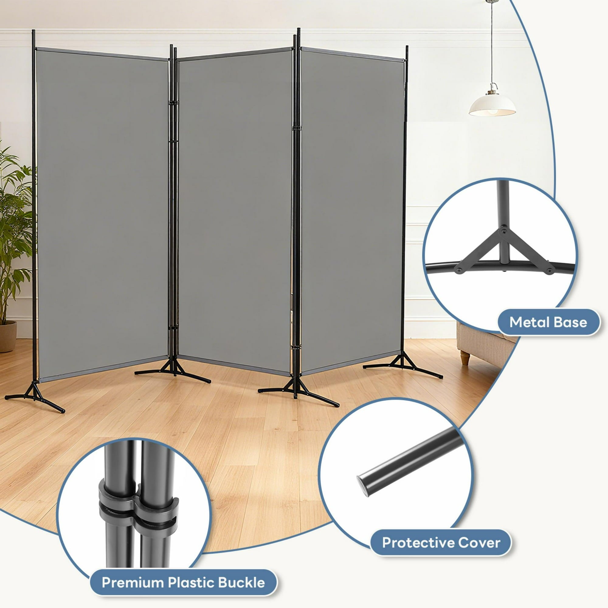 EDX 3 Panel Partition Room Divider, 6 Ft Tall Folding Privacy Screen with Steel Frame, Freestanding, Easy Move & Storage, For Home, Office, Bedroom, Grey