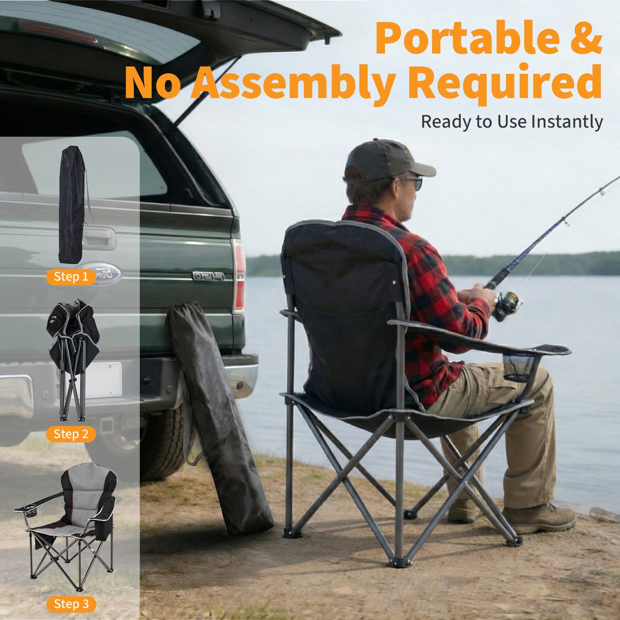 EDX Oversized Heavy Duty Folding Camping Chair, Padded High Back, Adjustable Lumbar Support, Extra Wide for Adults, 500 lbs Steel Frame, Portable Outdoor