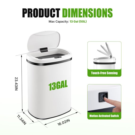 edx Automatic Trash Can, 13 Gallon Stainless Steel, 50L Touchless Motion-Sensor Kitchen Trash Can with Odor-Proof Sealed Lid