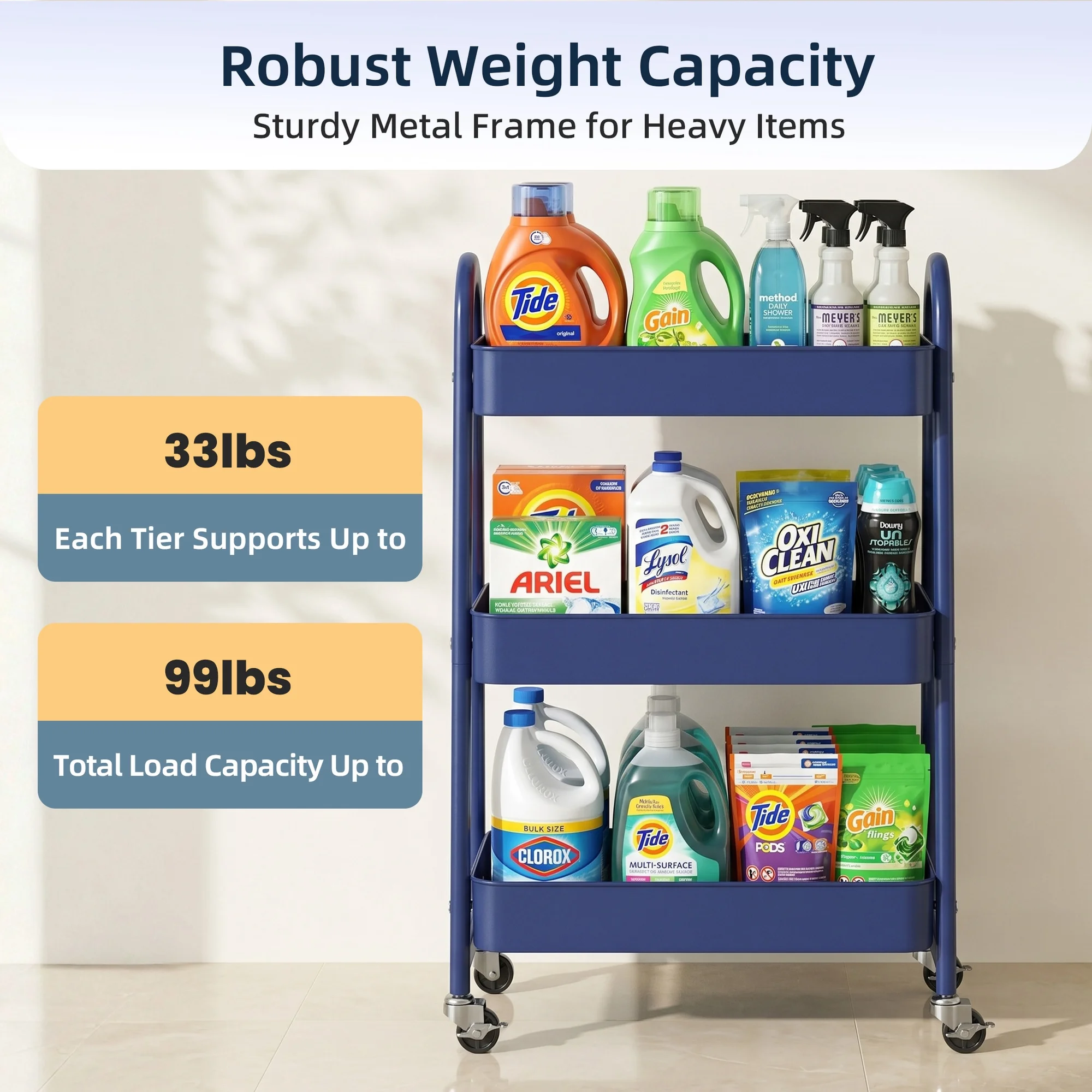 3 Tier Rolling Cart, Metal Utility Storage Cart with Lockable Wheels for Livingroom, Bathroom, Kitchen & Narrow Spaces