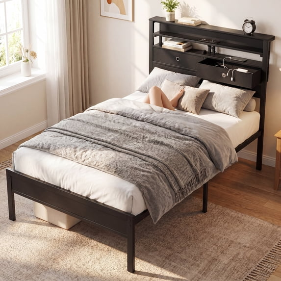 EDX Bed Frame with 2 Drawers and 3-tier Shelves, Platform Bedframe with Charging Station & LED Lights, No Box Spring Needed