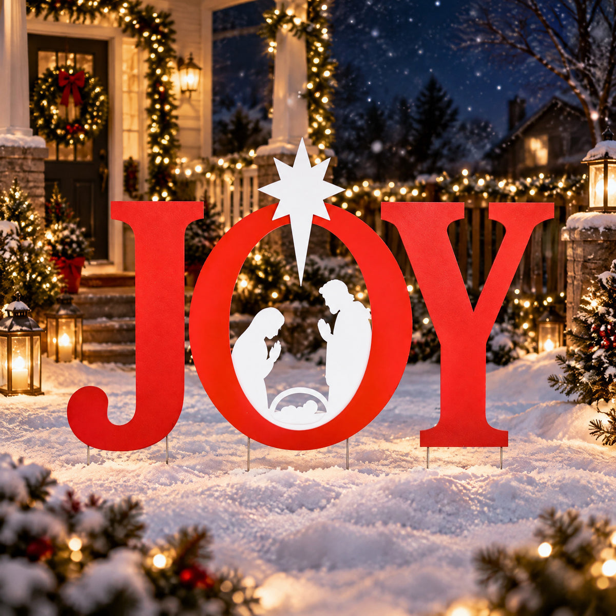 EDX 46in Christmas JOY Yard Decoration, Outdoor Nativity Scene with PVC Letters, Holy Family Silhouette and Ground Stakes for Lawn, Garden and Holiday Decor