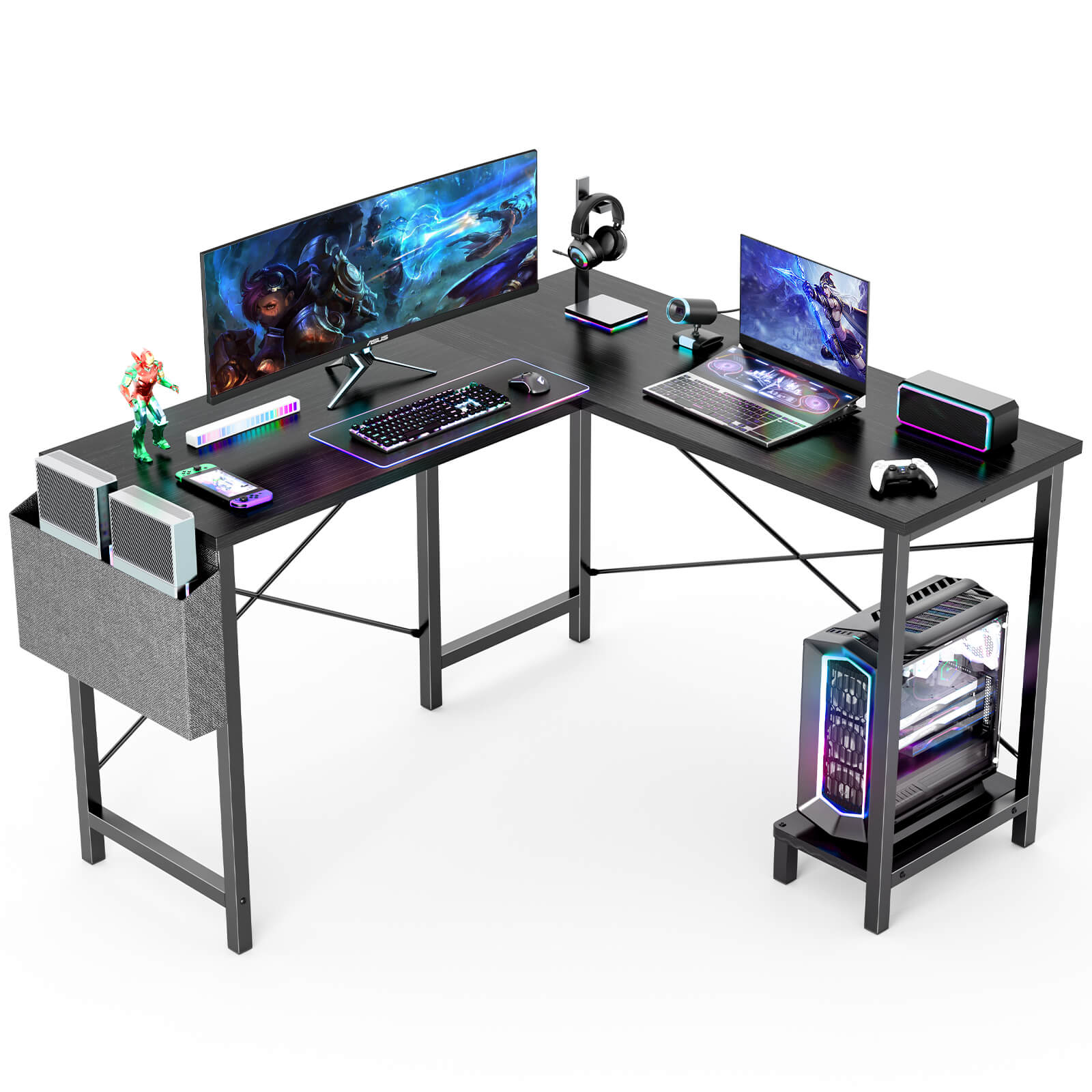 L-Shaped Computer Desk - 50" Corner Gaming Table with Console Shelf and Side Storage Pocket for Office, Bedroom, Living Room