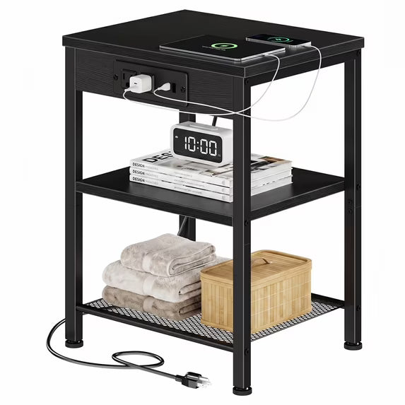 edx 3-Tier Nightstand with Charging Station, Adjustable Height Bedside Table with Storage Shelf, for Bedroom & Living Room, Easy Assembly, 55 LBS Capacity, Black