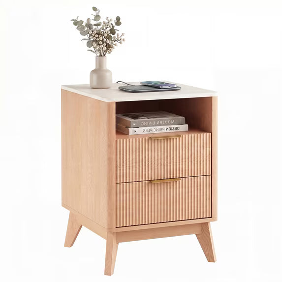 edx Nightstand with Charging Station, Modern Bedside Table, 2 Drawers & Open Shelf, for Bedroom, Office and Small Spaces, Accent Night Stand with Easy Assembly, Natural Wood