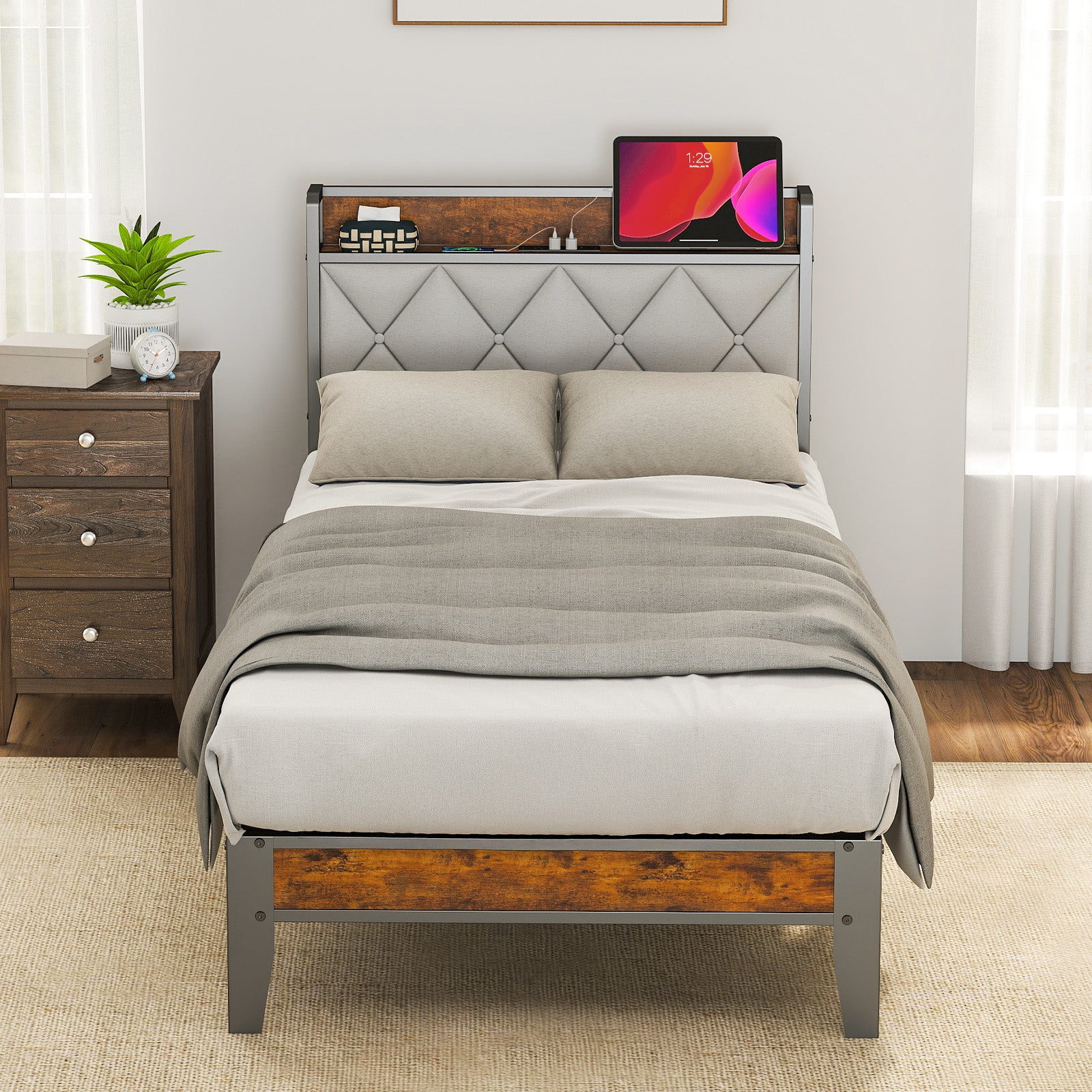EDX Bed Frame with Headboard Integrated Charging Station, Spacious Underbed Storage,Simple No-Tool Assembly, No Box Spring Required