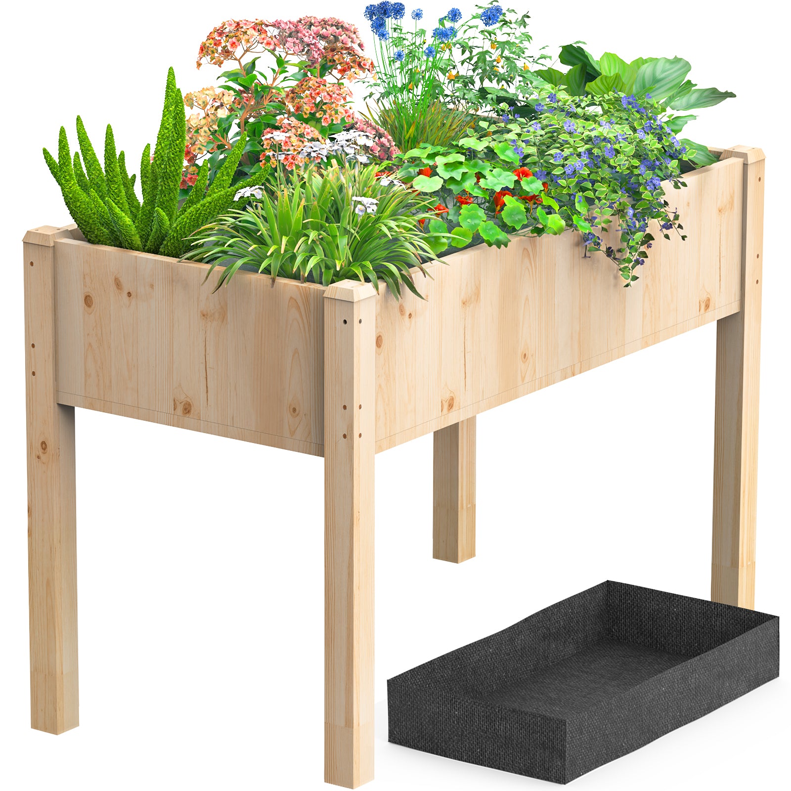 Outdoor Wood Raised Garden Bed, 48x24x30in Elevated Reinforced Large Planter Box with Storage Shelf for Vegetable Flower Backyard Patio Gardening Balcony & Bed Liner 300lb Capacity - Natural