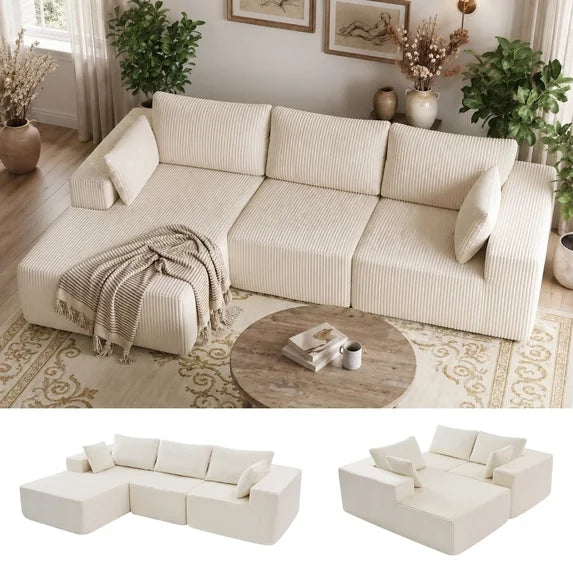 edx Convertible Sectional Couches Comfy Fluffy 4 Seat Memory Foam Sectional Sofa Upholstered Couches for Living Room Bedroom,No Assembly Required