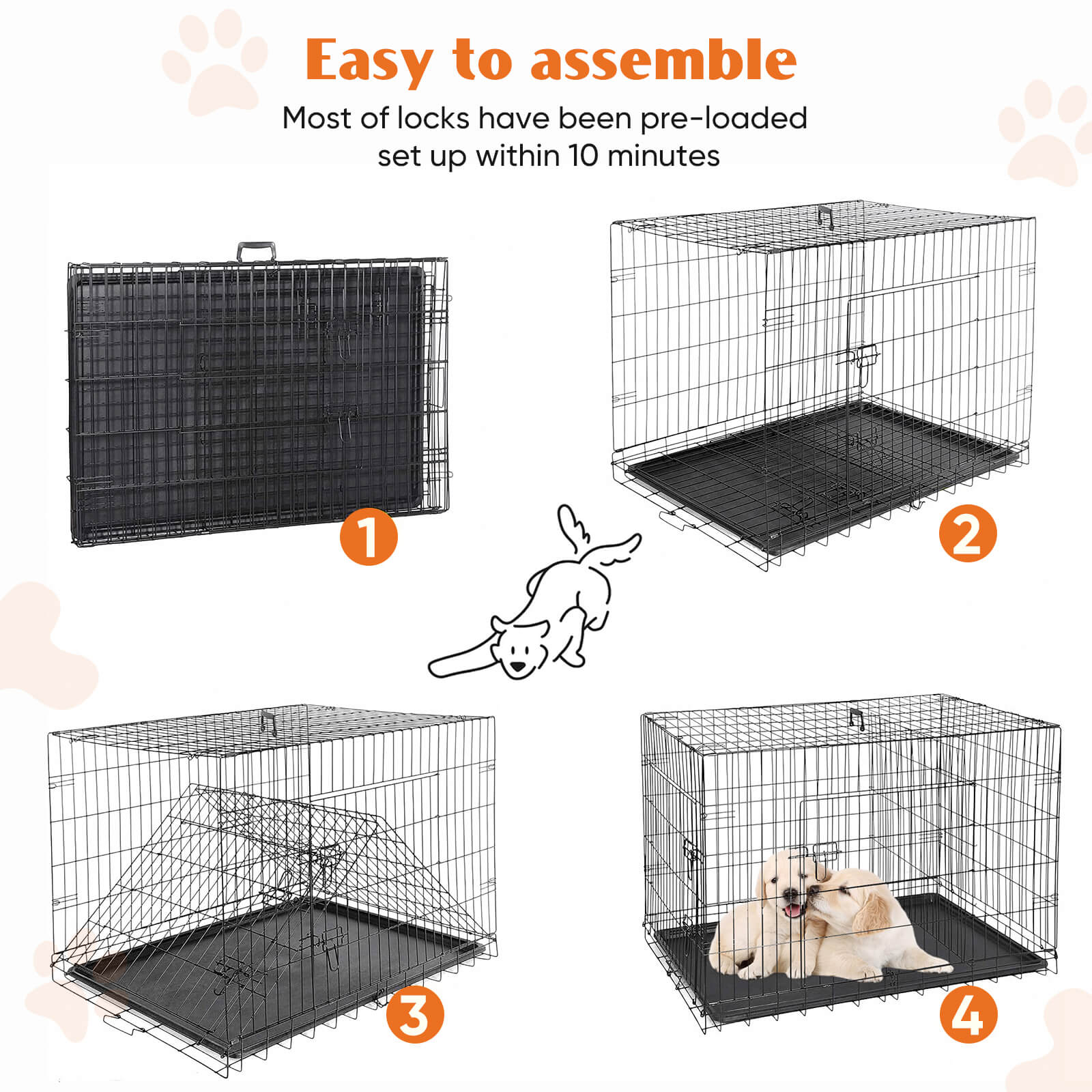 Mayoume Dog Crate-24/30/36/42/48 inch, Double Door Dog Cage with Divider Panel and Plastic Leak-Proof Pan Tray, foldable, easy to carry, suitable for indoor, outdoor, travel use