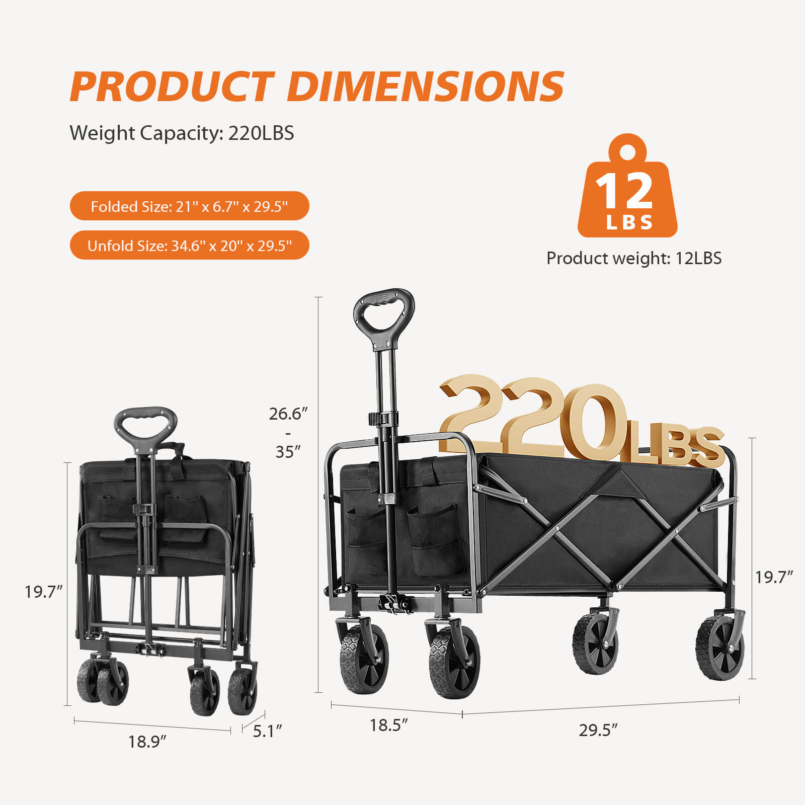 edx Wagons Carts Foldable with All-Terrain Wheels - foldable, extra large capacity, with drink holder, Suitable for Camping Sports Outdoor Activities