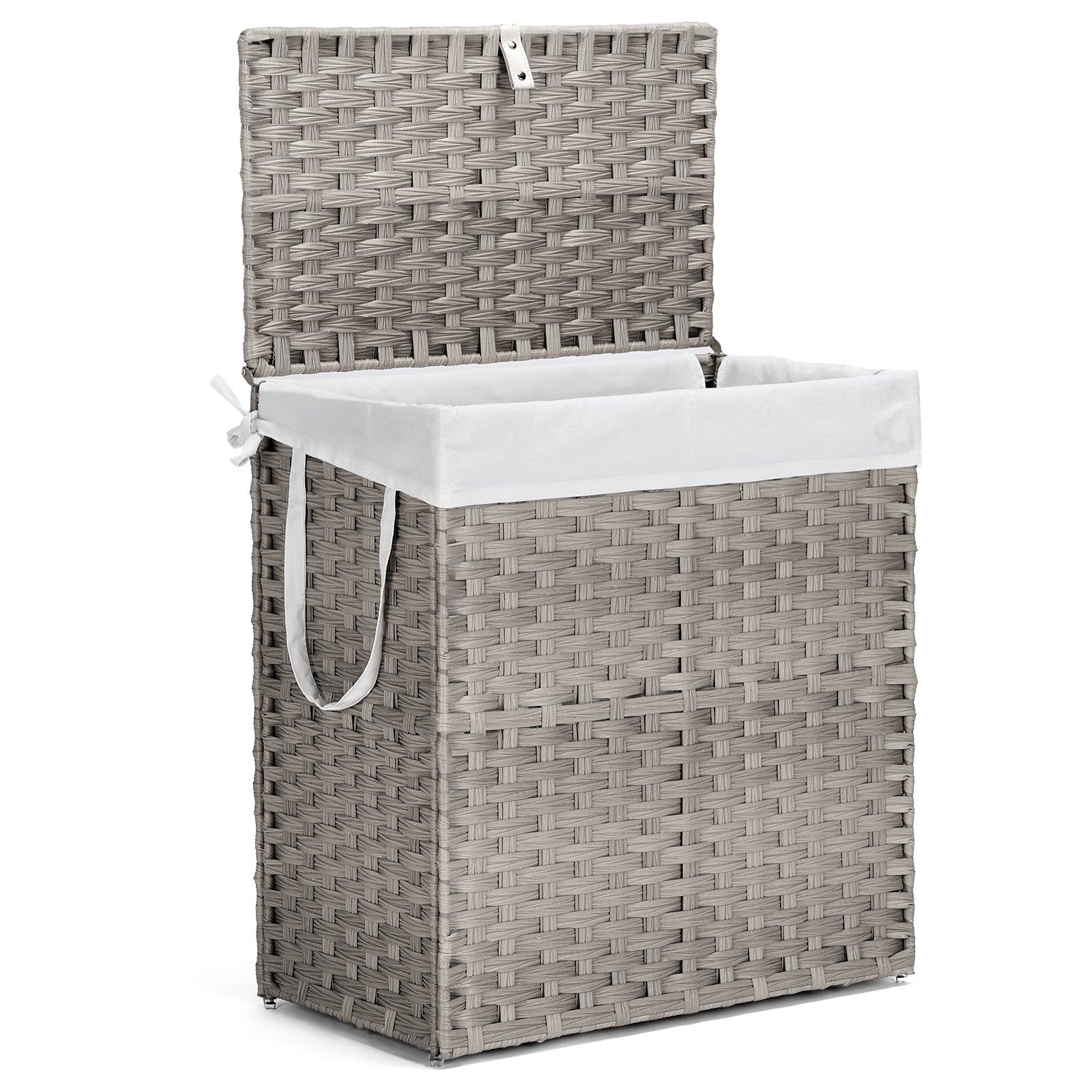 Laundry Hamper with Lid, Hand-Woven PP Rattan Laundry Hamper with Handle, Foldable, Removable Liner, Gray