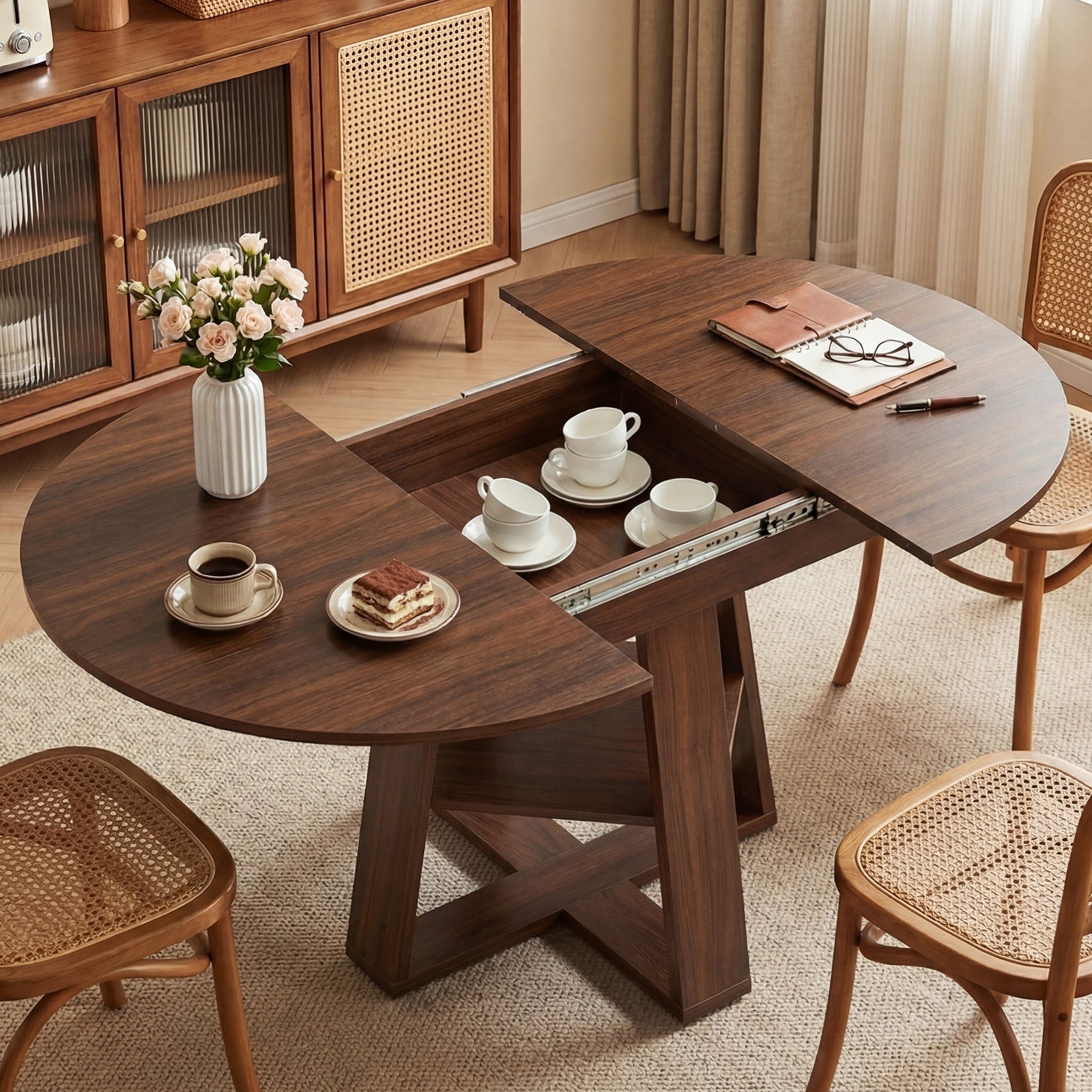 EDX 43.3″–59″ Extendable Round Dining Table for 4-8, Modern Oval Dining Table with Removable Leaves, Wooden Kitchen Table with Storage Shelf Base, Space Saving for Kitchen Living Room