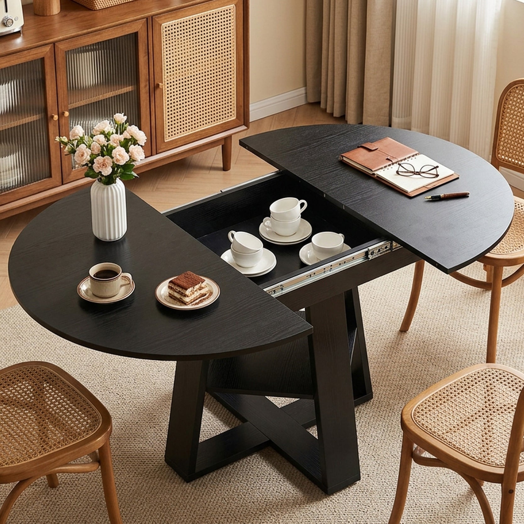 EDX 43.3″–59″ Extendable Round Dining Table for 4-8, Modern Oval Dining Table with Removable Leaves, Wooden Kitchen Table with Storage Shelf Base, Space Saving for Kitchen Living Room