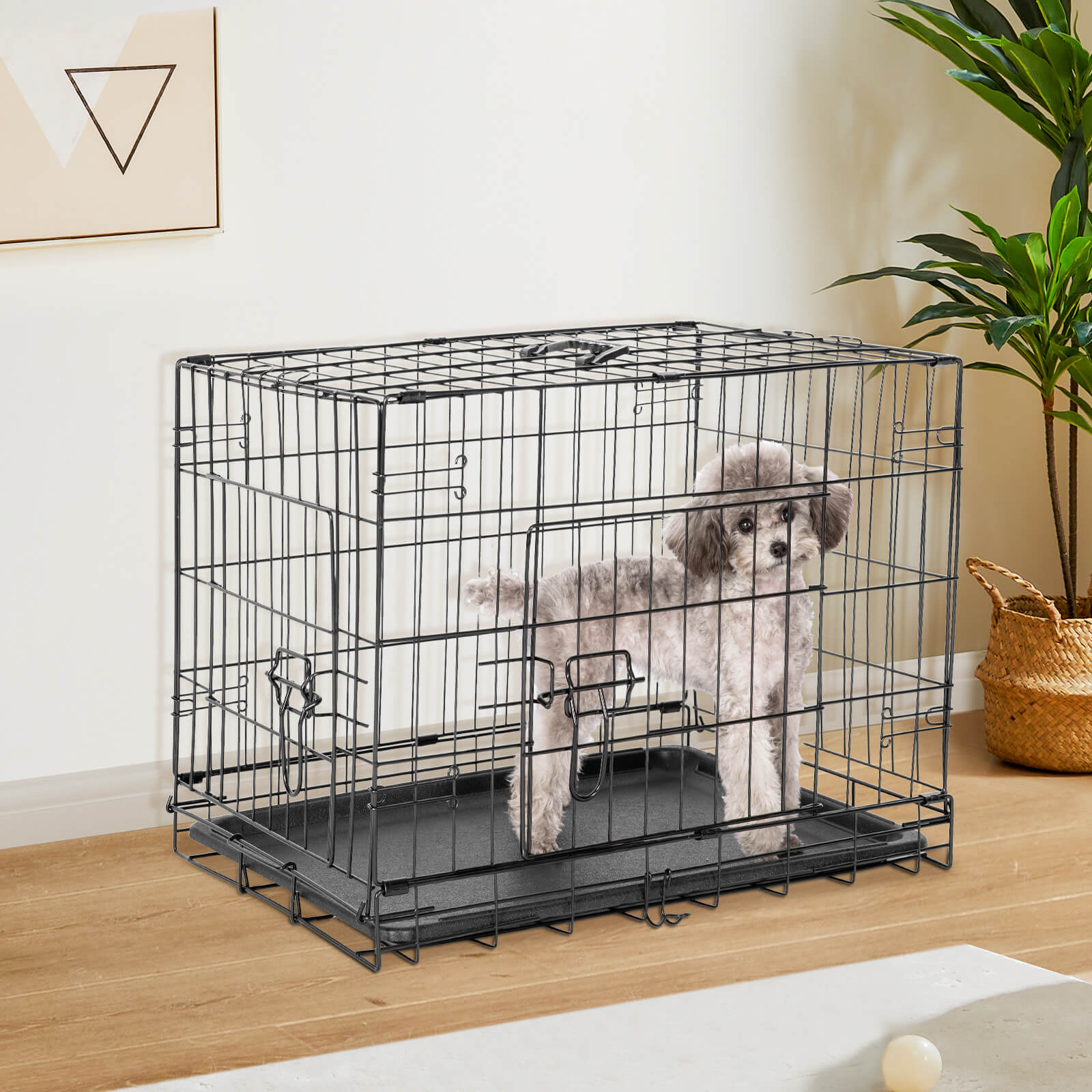 Mayoume Dog Crate-24/30/36/42/48 inch, Double Door Dog Cage with Divider Panel and Plastic Leak-Proof Pan Tray, foldable, easy to carry, suitable for indoor, outdoor, travel use