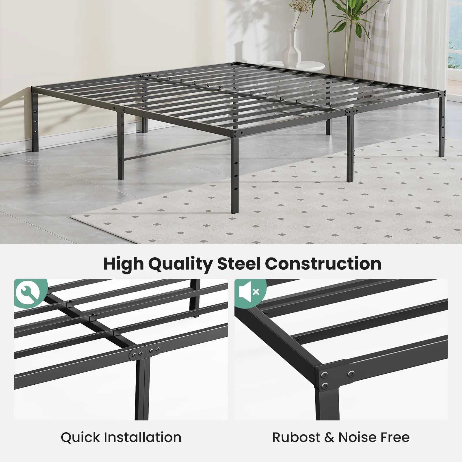 EDX 16 Inch High Clearance Metal Platform Bed Frame with Steel Slats, Large Under Bed Storage, No Box Spring Needed, Noise Free, Easy Assembly
