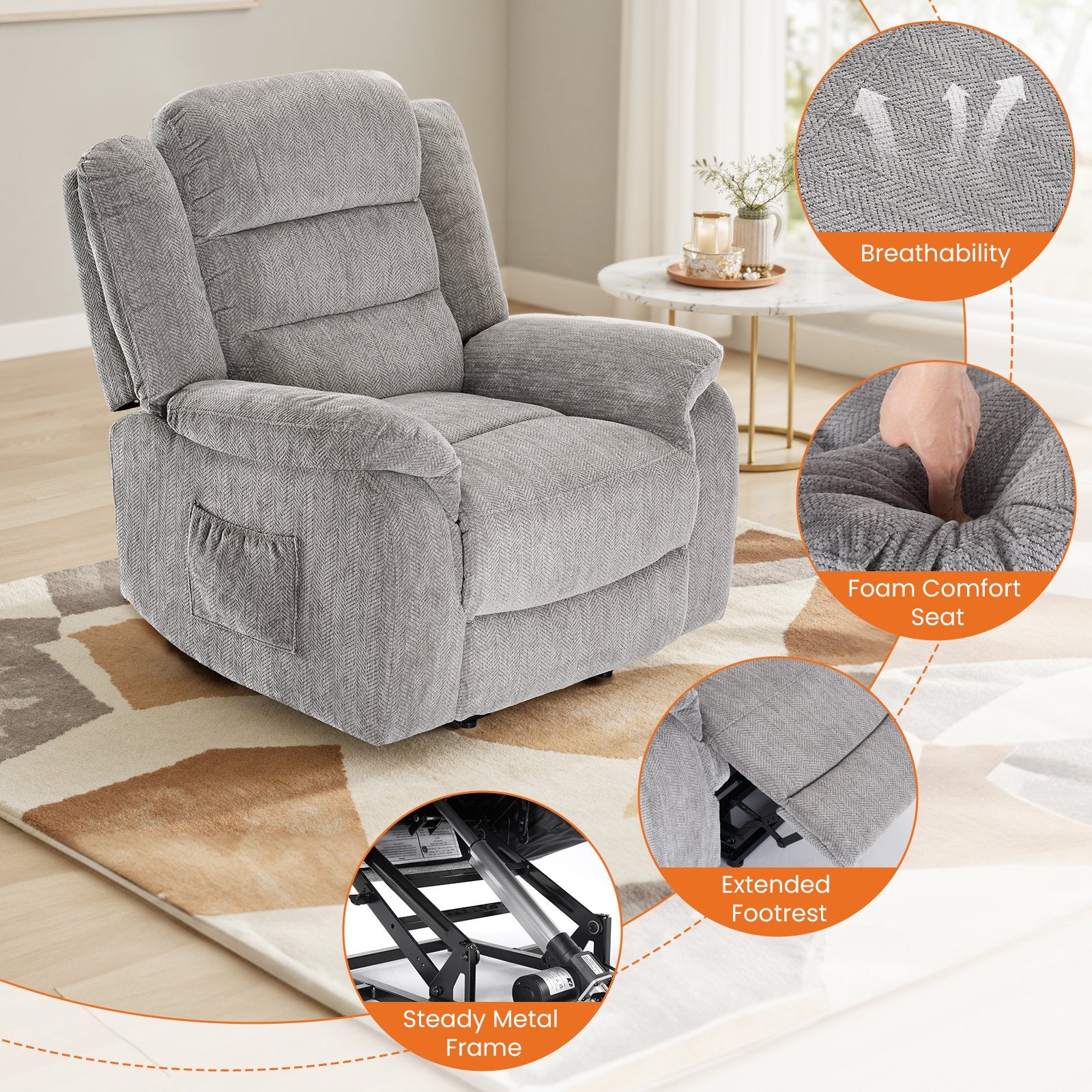 EDX Power Lift Recliner, Wide Fabric Electric Recliner Sofa for Elderly with Side Pocket and Remote Control