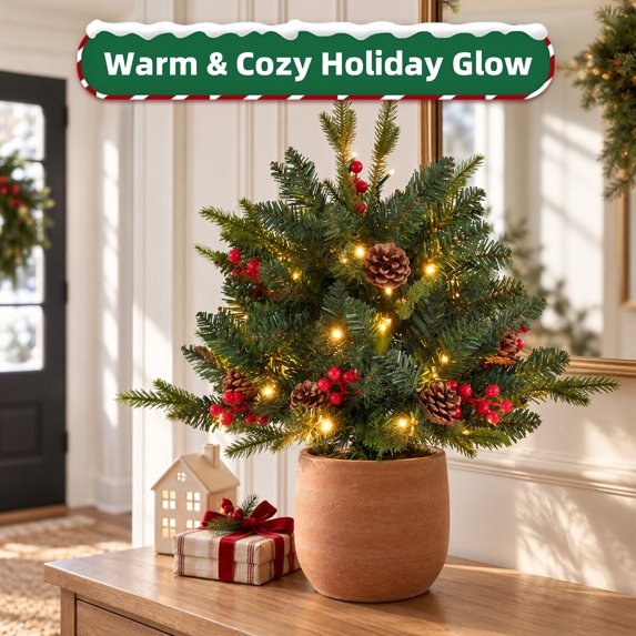 edx Pre-Lit Christmas Tree Urn Filler, 24 Inch, 50 Warm White LED Lights, 8 Lighting Modes, 6-Hour Timer, Pinecones & Red Berries, Indoor Outdoor Holiday Decor