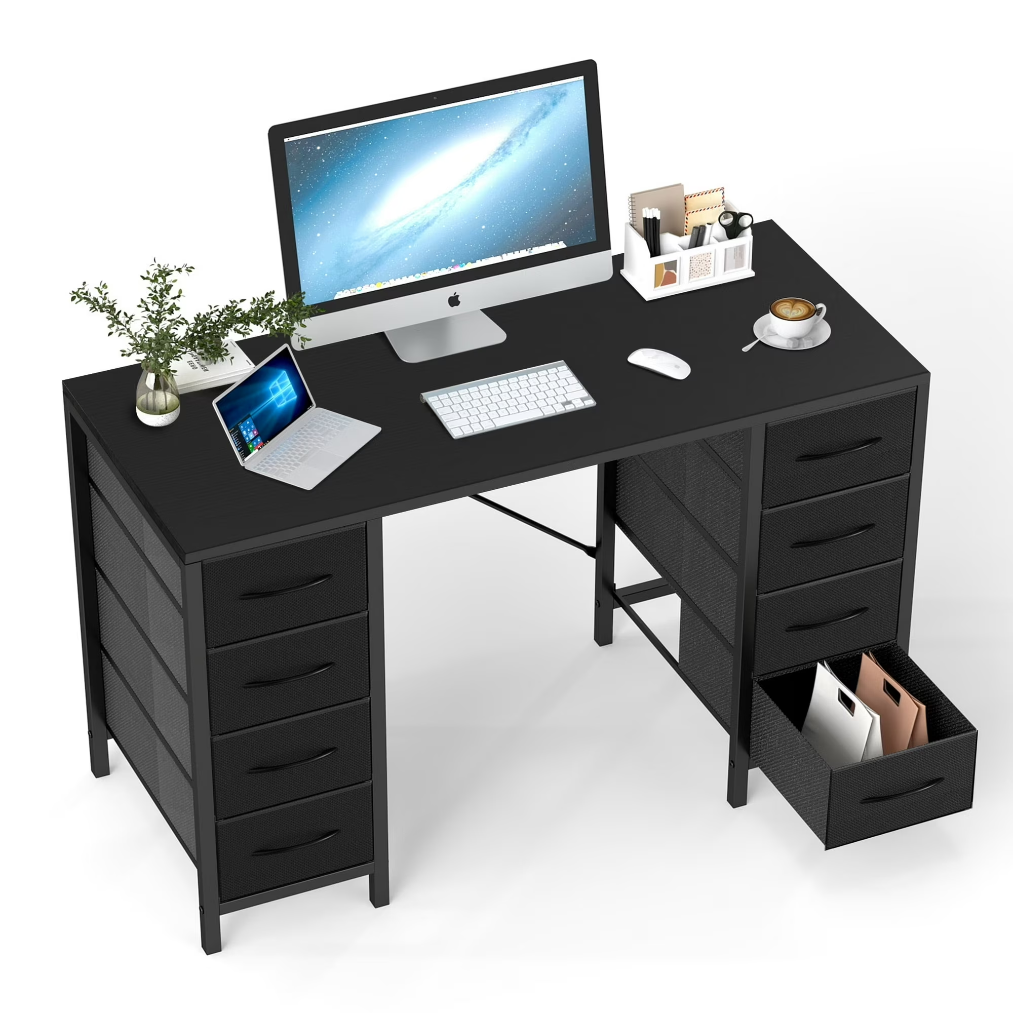 EDX 47 Inch Computer Desk with 8 Fabric Drawer, Home Office Desk with Power Outlets, Large Storage