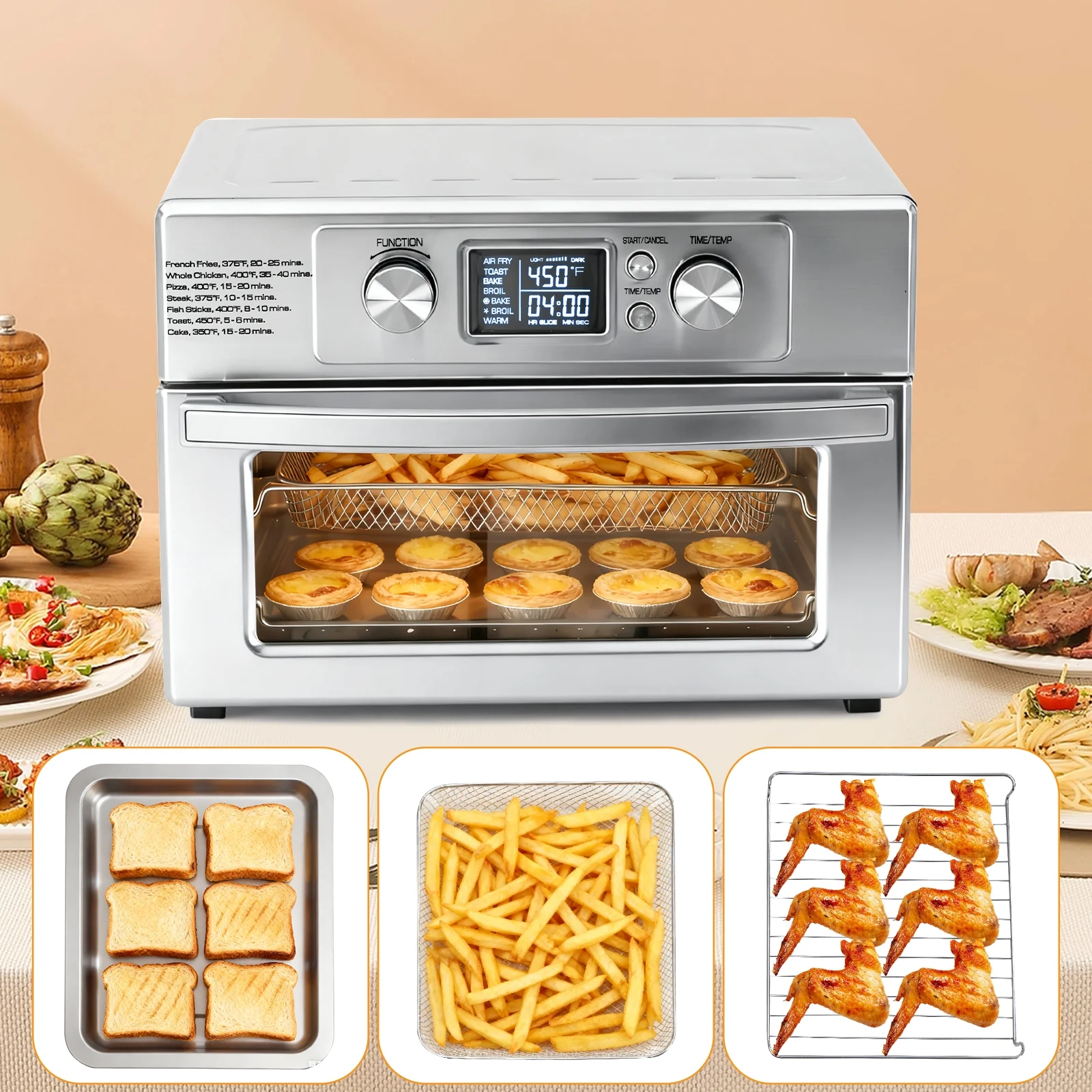 EDX 22L 1800W Electric Air Fryer Oven, 120V, 6 Stainless Steel Heating Elements, 450°F, 60-Minute Timer Control