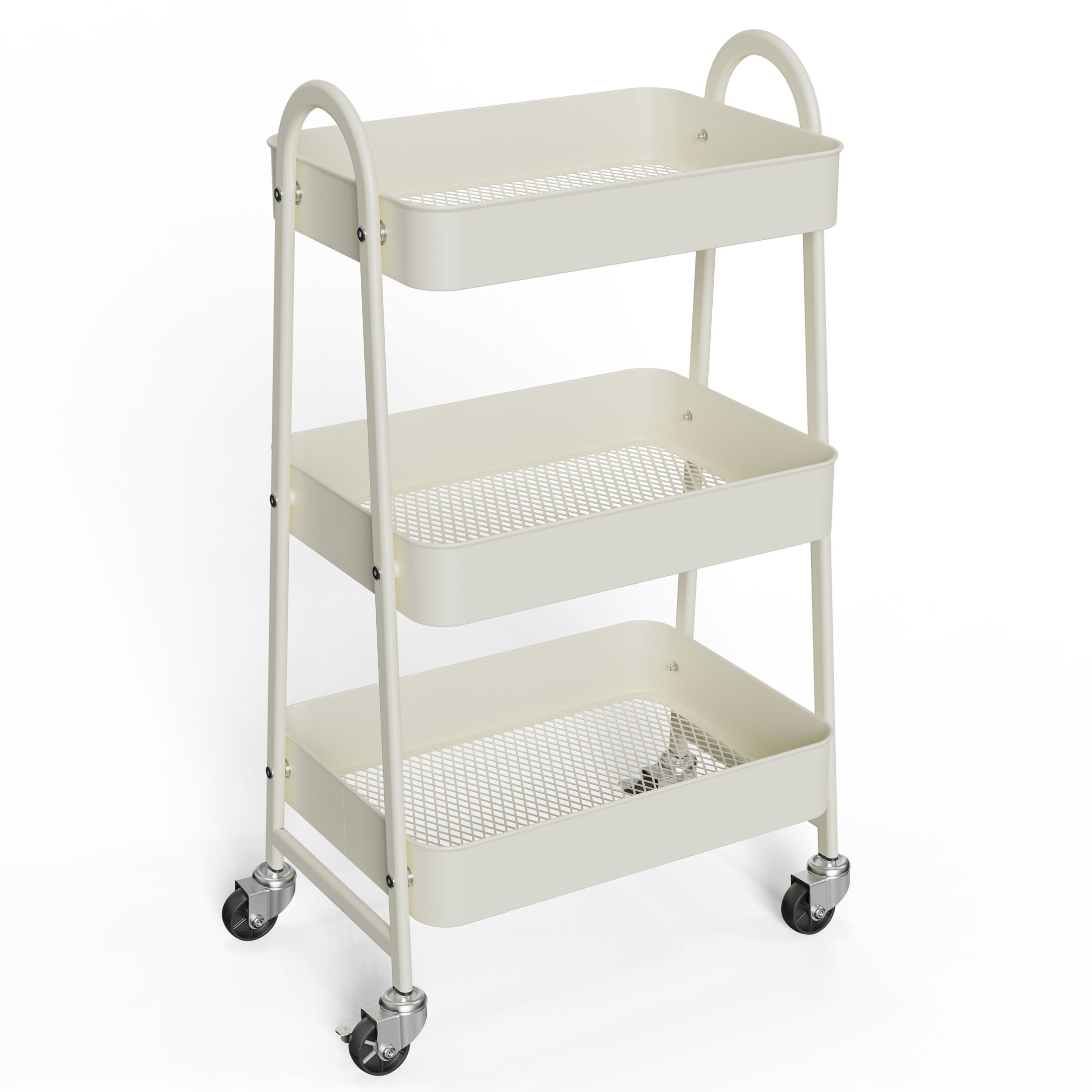 3 Tier Rolling Cart, Metal Utility Cart Storage Organizer with Lockable Casters, Multi-Functional Mesh Rolling Storage Cart for Kitchen Office