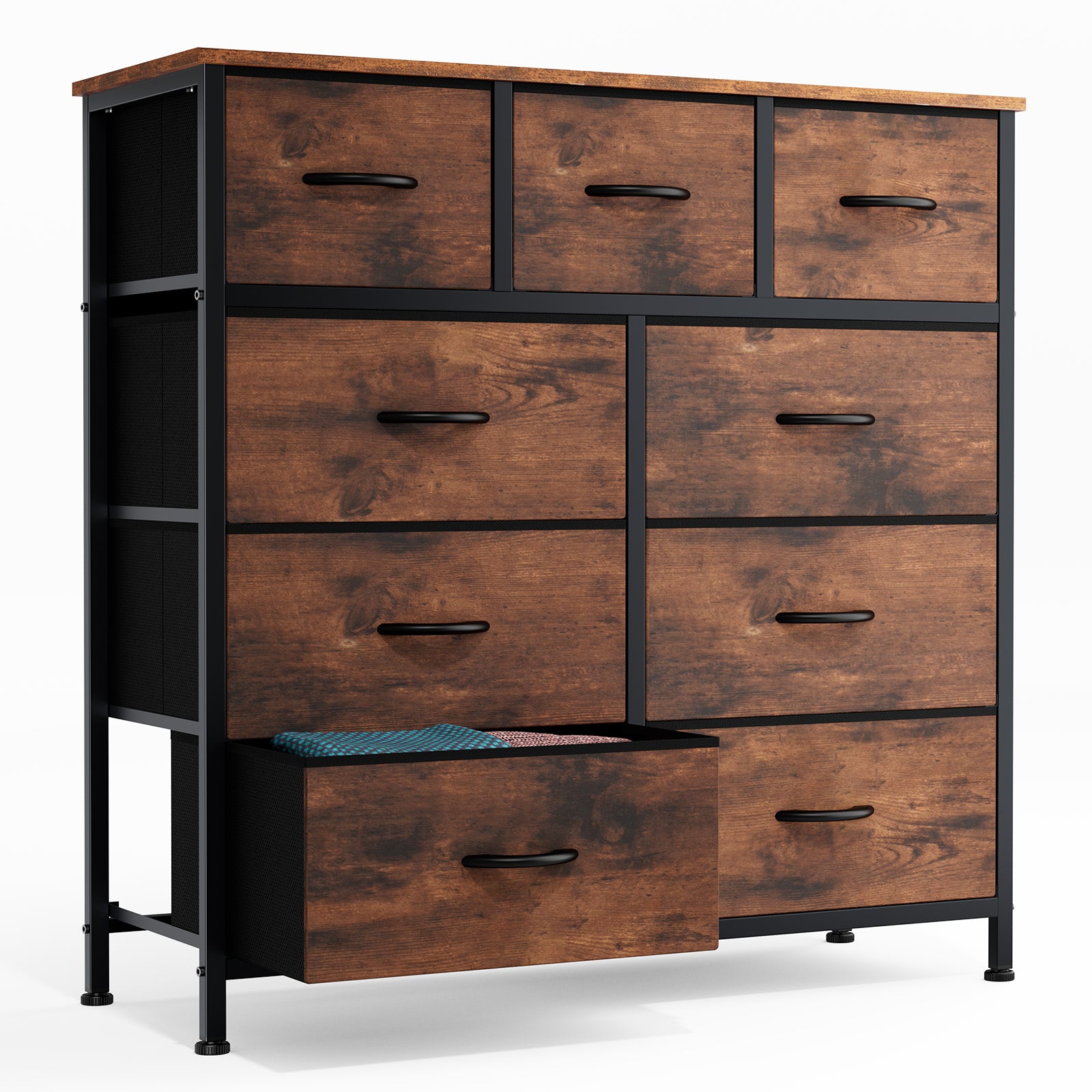 EDX 9 Drawer Dresser, Wide Chest of Drawers Nightstand Storage Tower Storage Fabric Dresser with Wood Top for Living Room, Bedroom, Hallway