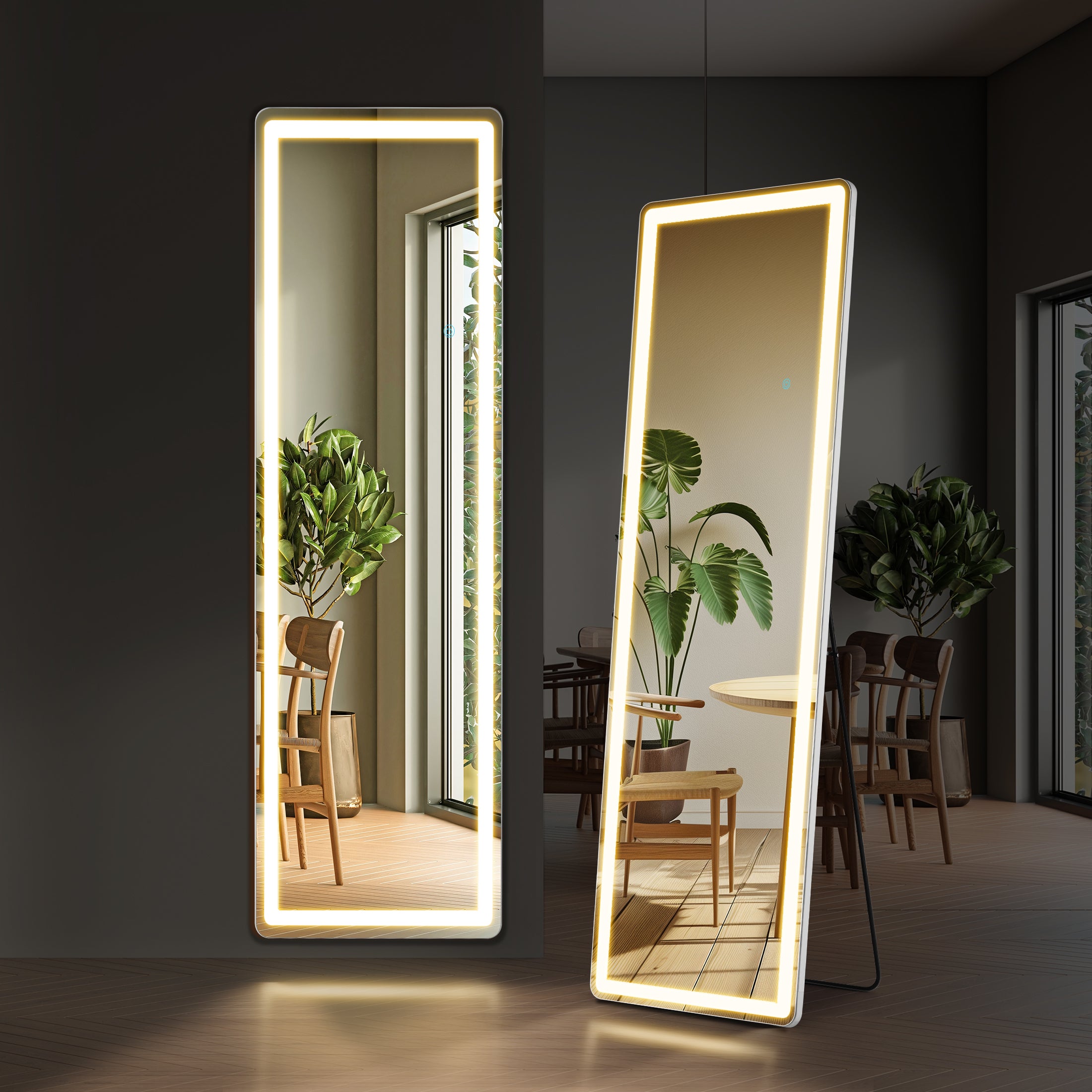 3 Color Lighting Mirror with LED Lights, 60"x16" Lighted Floor Standing Mirror with Stand, Wall Mounted Hanging