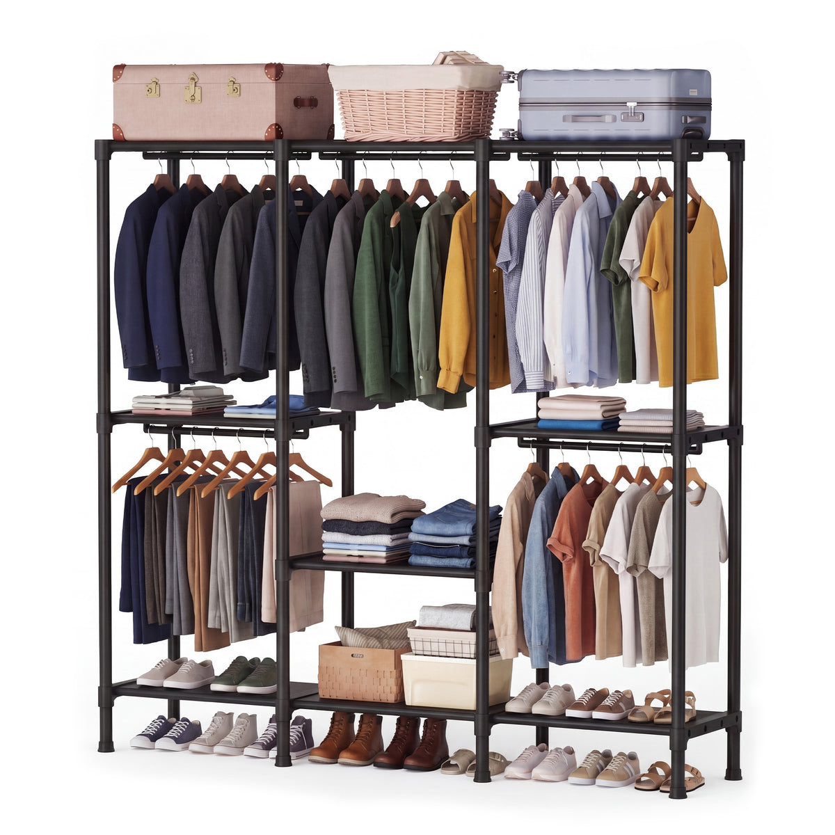 Gianna 3-Column Portable Closet Wardrobe, Heavy Duty Clothes Storage Organizer with Hanging Rods and Shelves for Bedroom, Living Room, Entryway