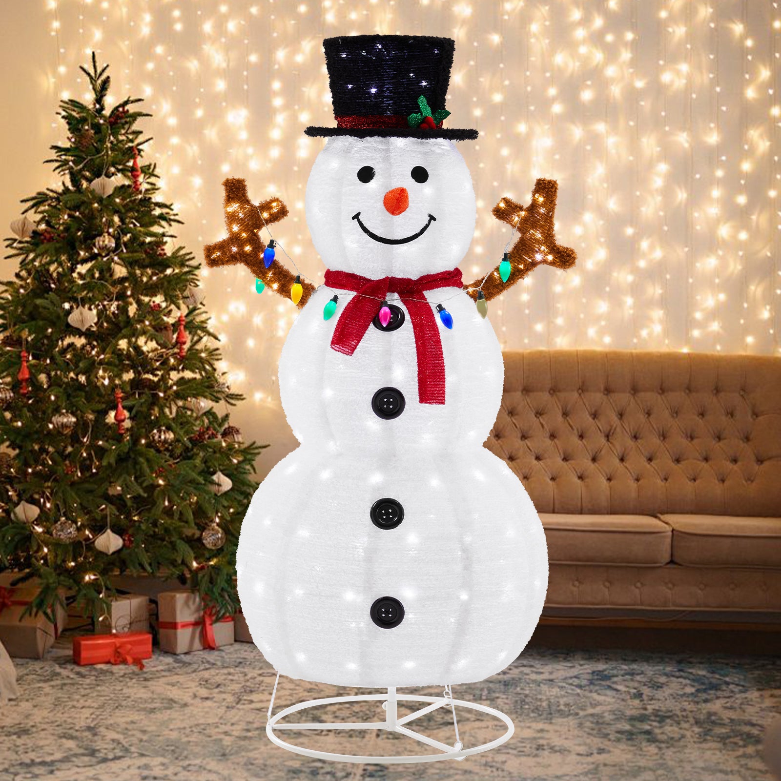 EDX 5ft Lighted Pop-Up Snowman, Large White Outdoor Christmas Holiday Decoration w/ 200 LED Lights, Hat, Scarf, Multicolored Lights