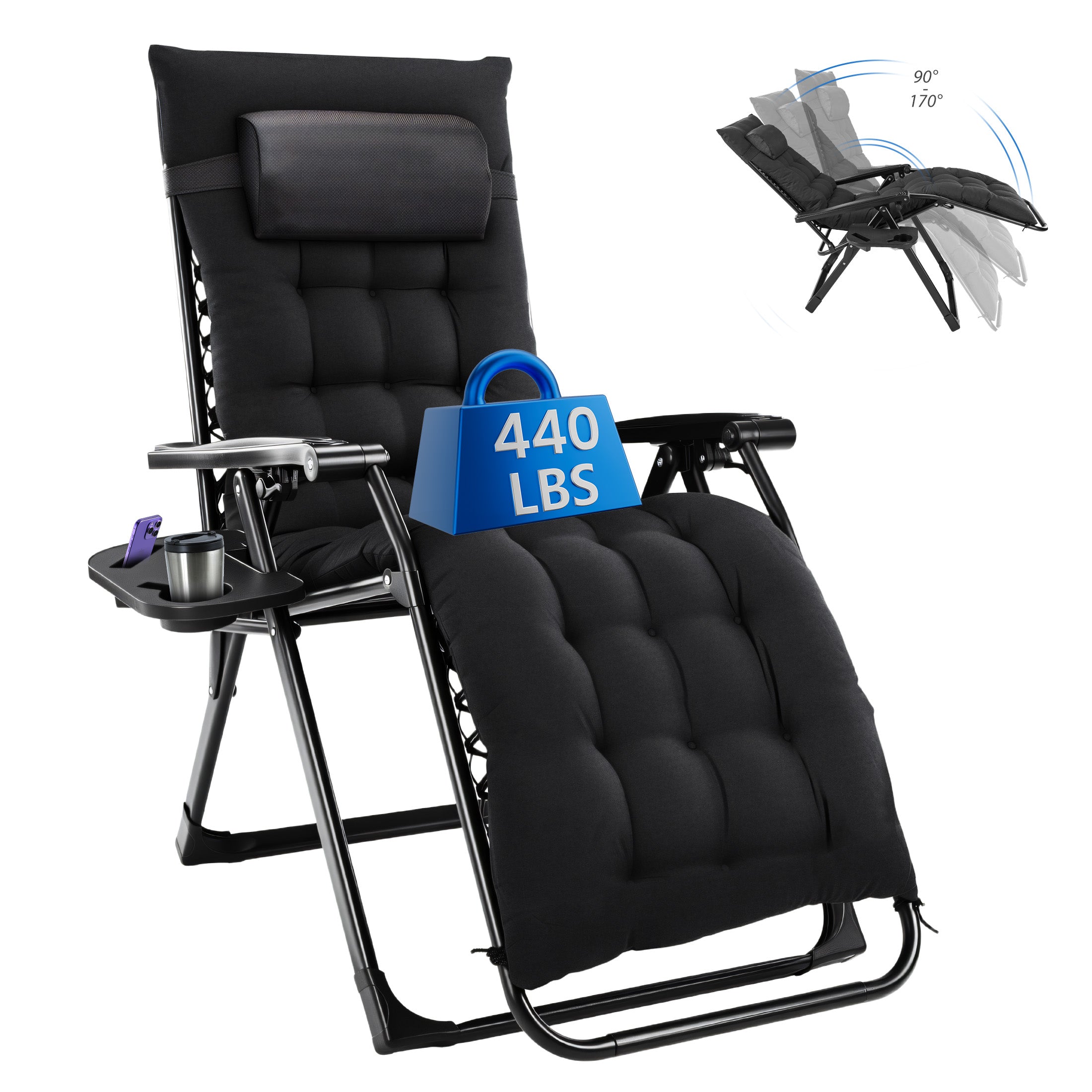 EDX Zero Gravity Chair, Reclining Camping Lounge Chair with Removable Cushion, Headrest and Cup Holder Trays, Folding Patio Recliner for Indoor&Outdoor Use, 440LBS Capacity
