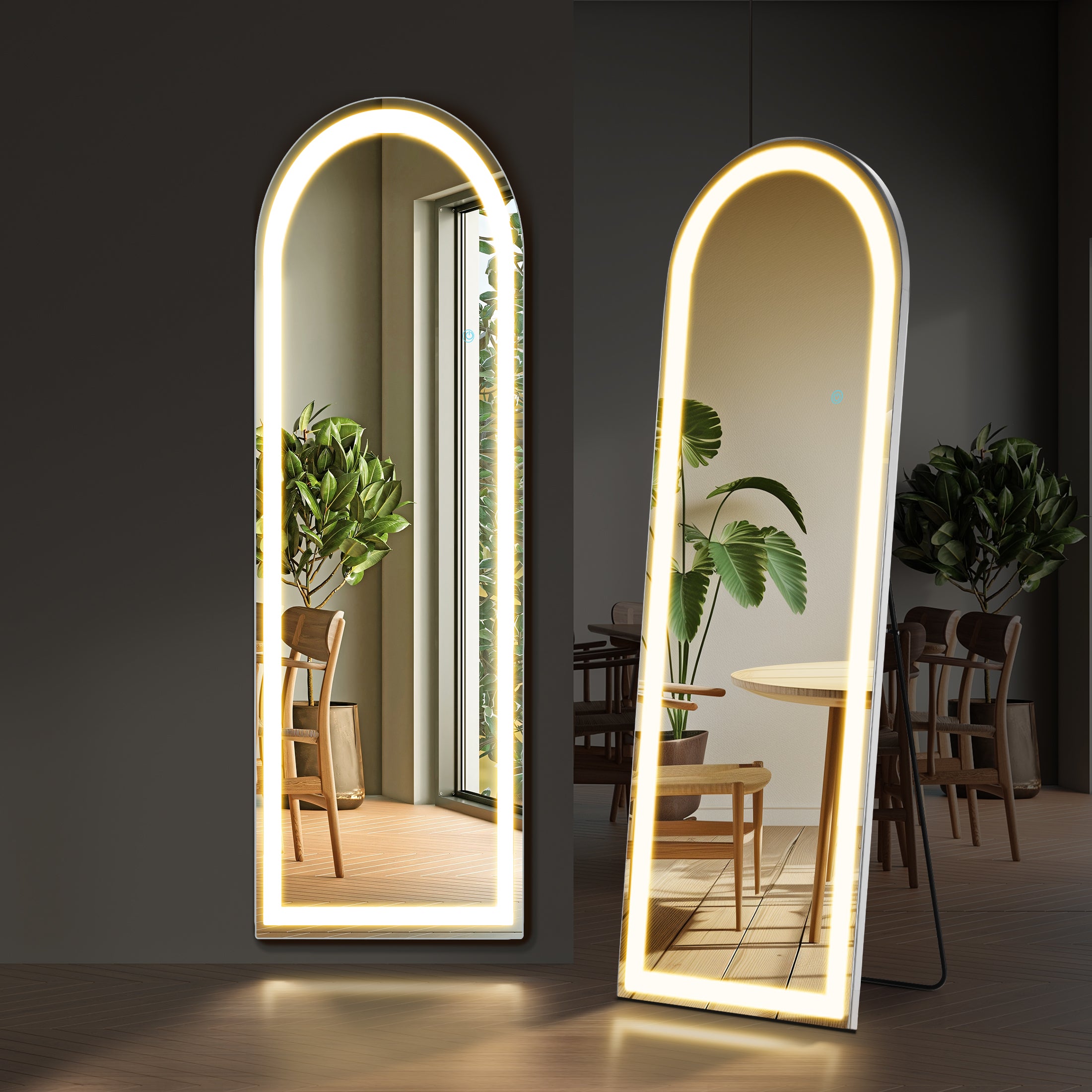 3 Color Lighting Mirror with LED Lights, 60"x16" Lighted Floor Standing Mirror with Stand, Wall Mounted Hanging