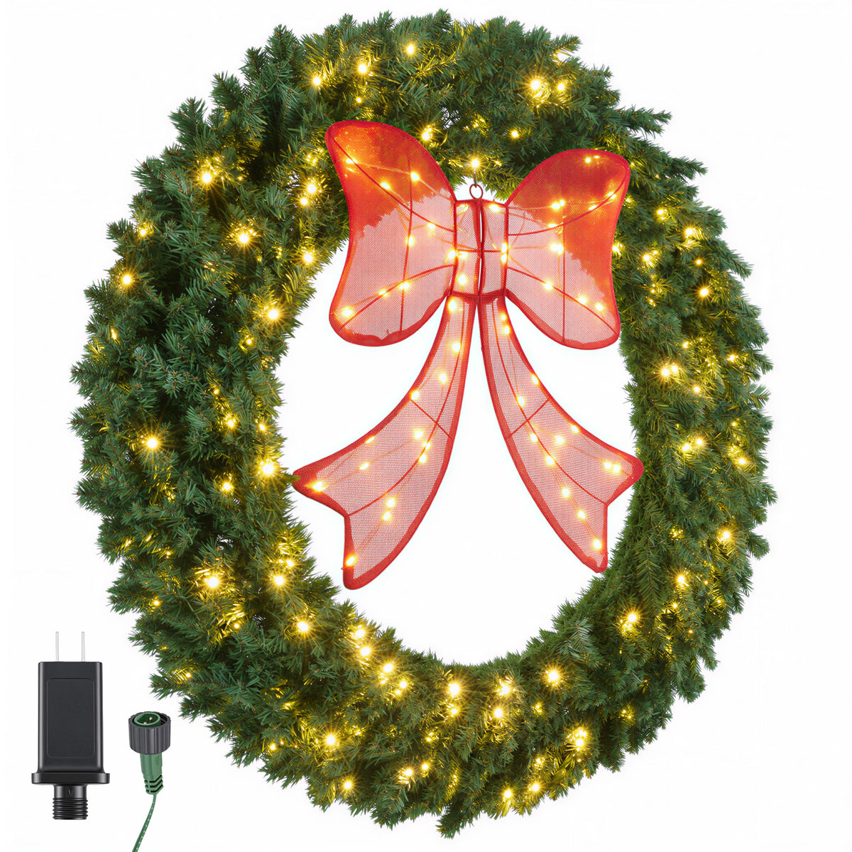 EDX Pre-Lit Christmas Wreath, Artificial Pine PVC Wreath with 130 Warm White LED Lights and Decorative Bow, Christmas Door Decor