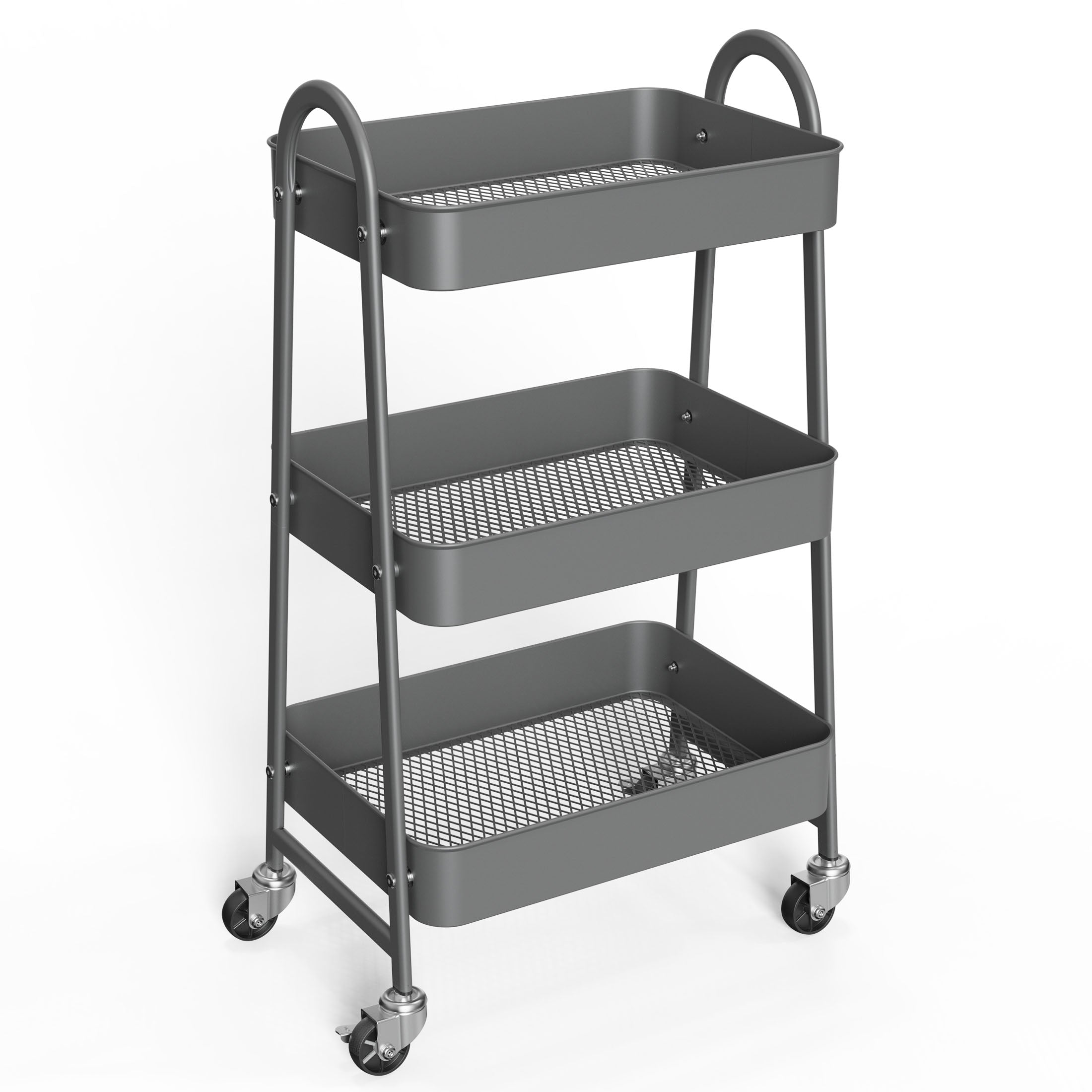 3 Tier Rolling Cart, Metal Utility Cart Storage Organizer with Lockable Casters, Multi-Functional Mesh Rolling Storage Cart for Kitchen Office