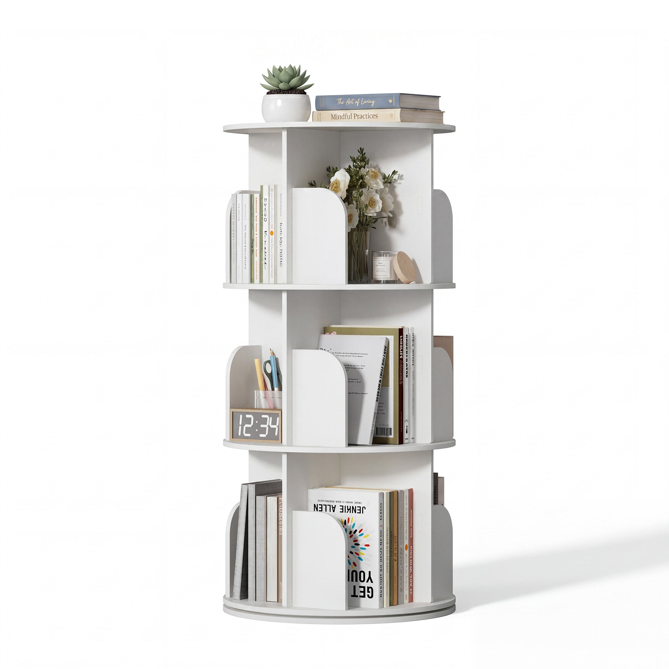 EDX Rotating Bookshelf Tower, Revolving 360 Book Shelf Storage Round Carousel, Vertical Rotate Turning Spiral Corner Organizer, White