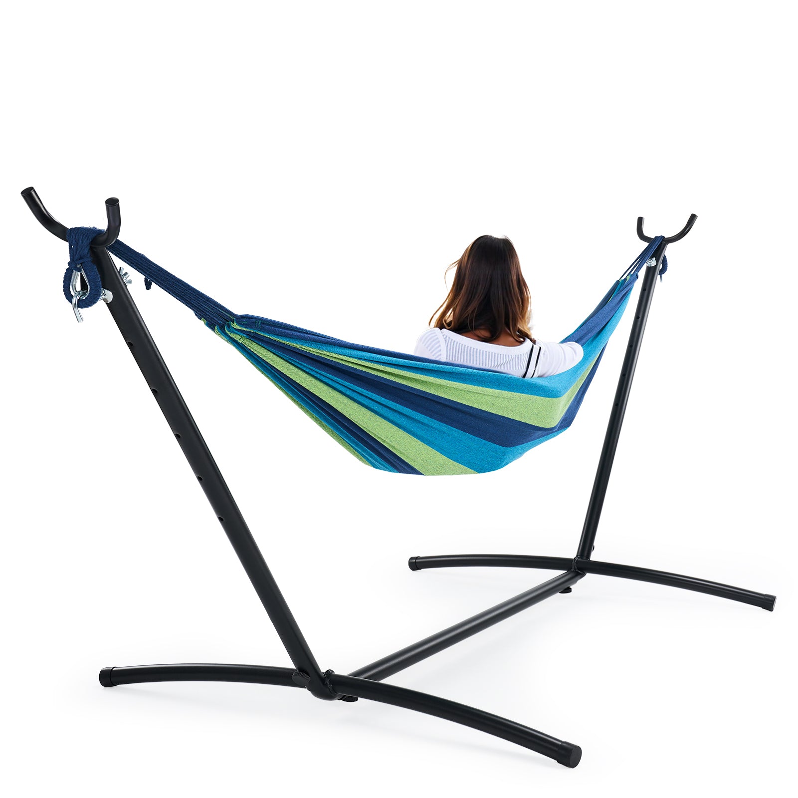 EDX Double Hammock with Space Saving Steel Stand, 2 Person Heavy Duty Outdoor 450lb Capacity Standing Hammocks, Upgraded Polyester End Strings, Portable Carrying Bag Included