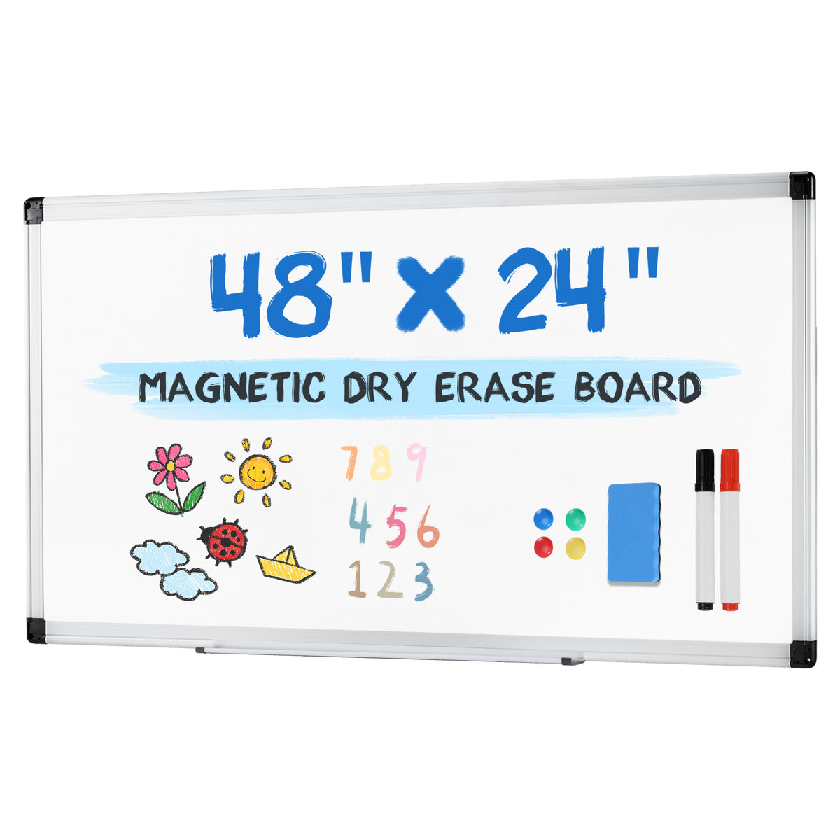 Gianna Magnetic Dry Erase Board, Two Mounting Options, Horizontal or Vertical，With Left and Right Removable Pen Tray, Silver Aluminium Frame, White