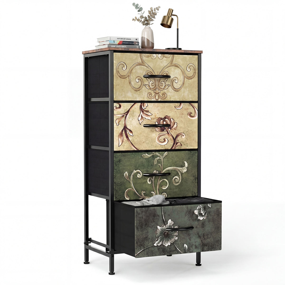 Gianna Fabric Dresser, Retro Flower Design, Sturdy Steel Frame, Wood Top, and Non Deformable Drawer Panels for Bedroom, Closet, Living Room, Hallway, Nursery