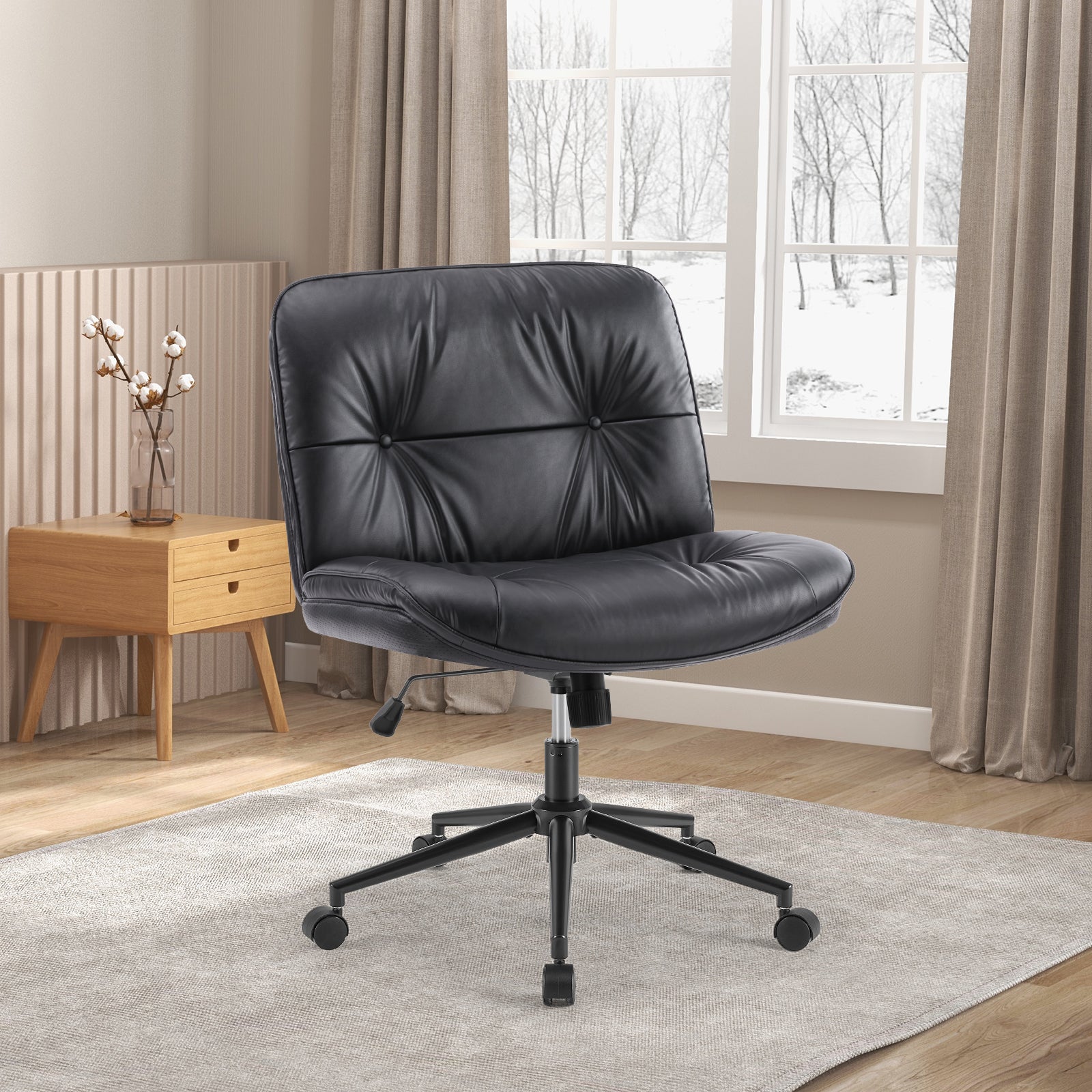 EDX Armless Desk Chair with Wheels, Leather Upholstered Wide Seat Home Office Chair, 130° Rocking Mid Back Computer Chair, Perfect for Office, Bedroom, and Makeup